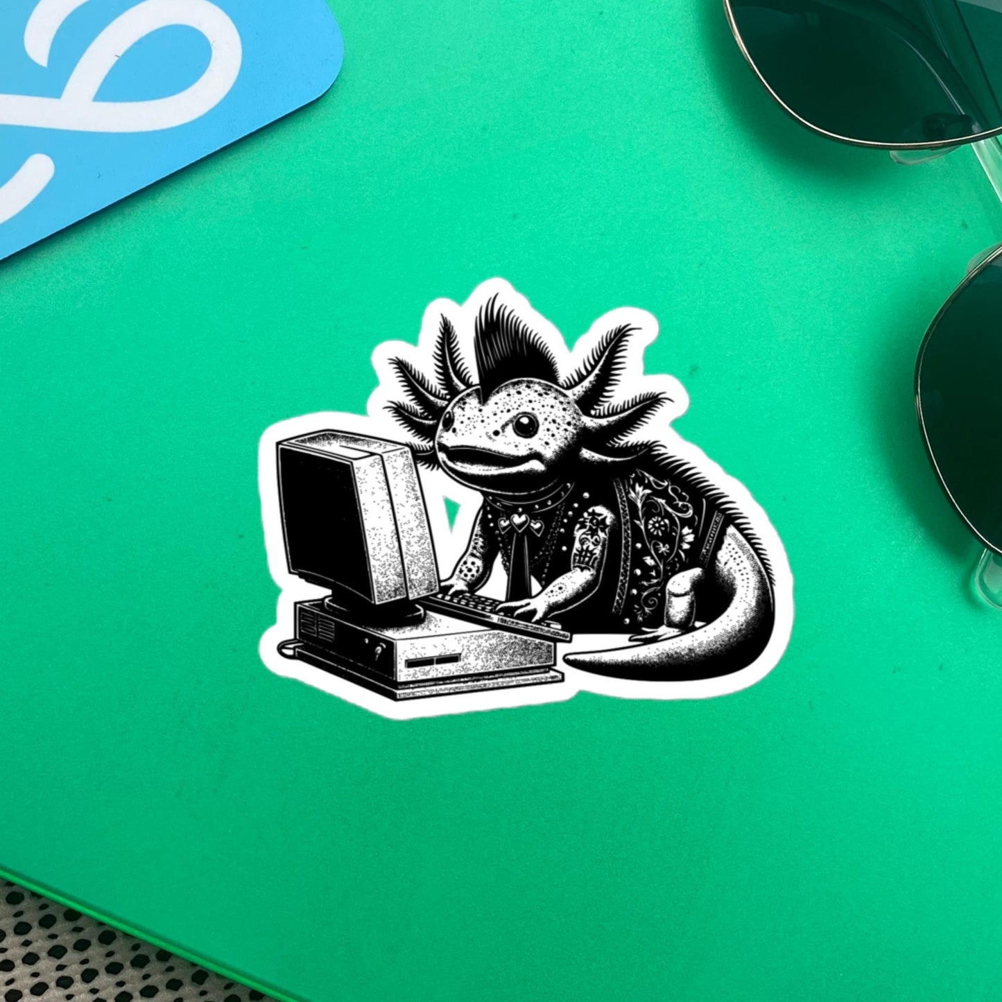Punk Rock Axolotl on Computer Sticker, Cyberpunk Axolotl with Tech Sticker, Weirdcore Weird Stuff, Original Steampunk Warcore Art