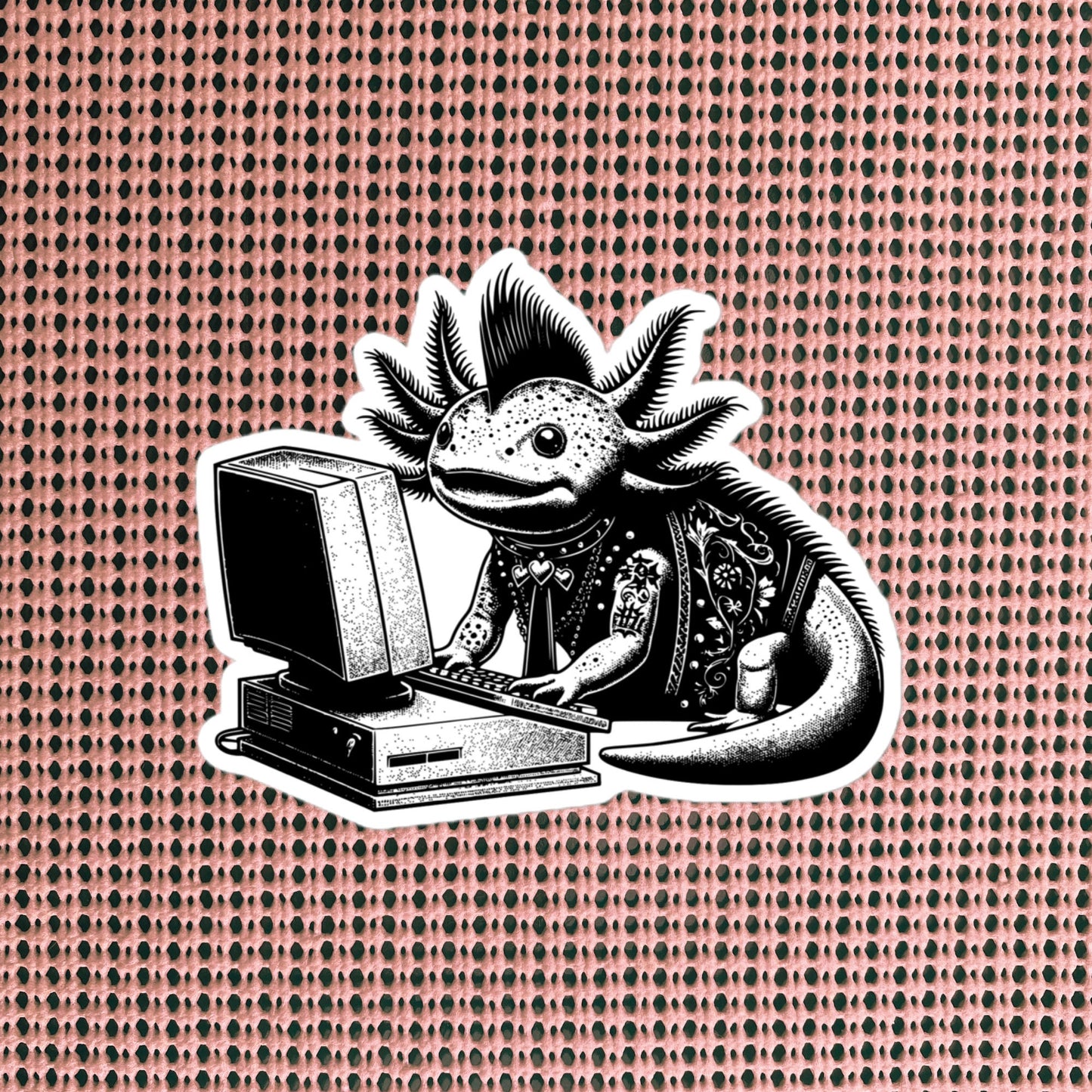 Punk Rock Axolotl on Computer Sticker, Cyberpunk Axolotl with Tech Sticker, Weirdcore Weird Stuff, Original Steampunk Warcore Art