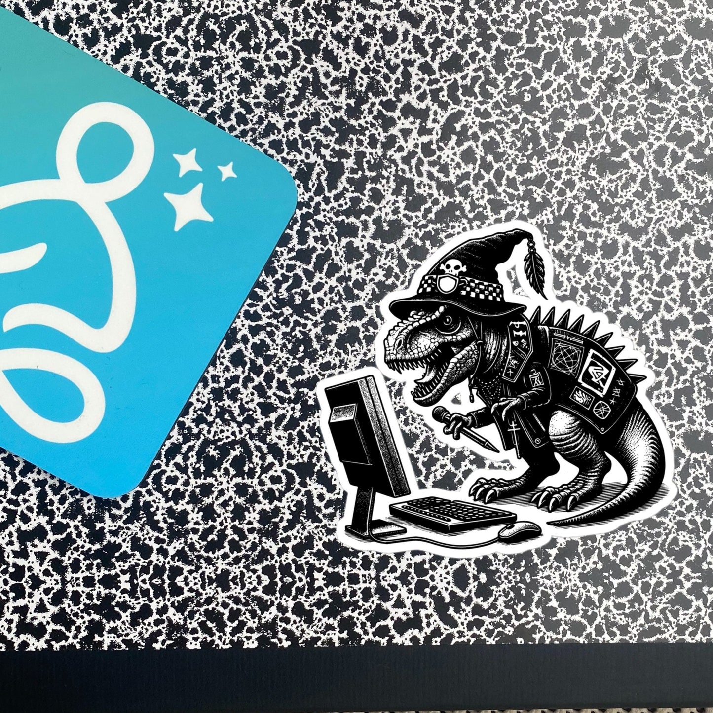 Punk Rock T-Rex on Computer Sticker, Cyberpunk Dinosaur with Tech Sticker, Weirdcore Weird Stuff, Original Steampunk Warcore Art