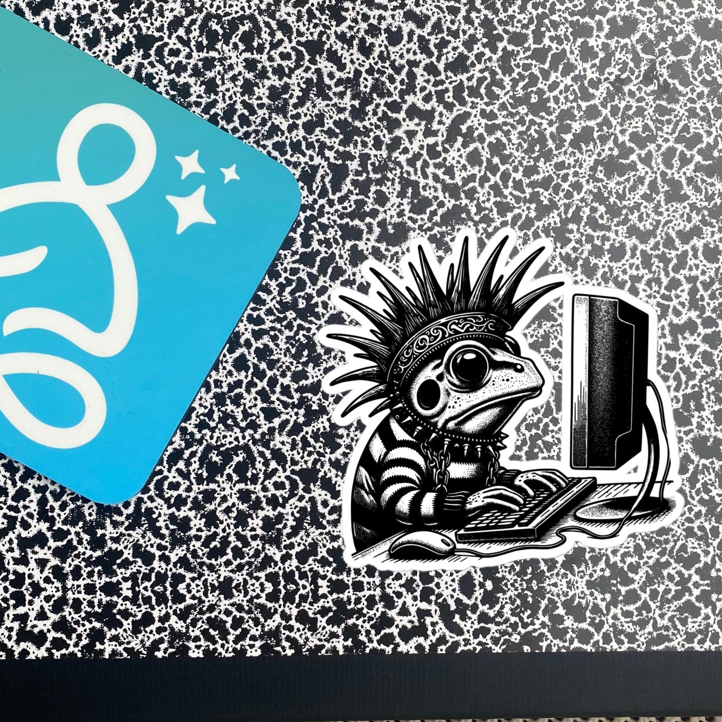 Punk Rock Frog on Computer Sticker, Cyberpunk Frog with Tech Sticker, Weirdcore Weird Stuff, Original Steampunk Warcore Art