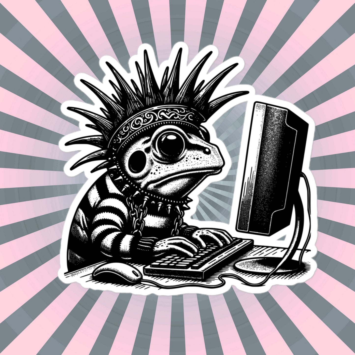Punk Rock Frog on Computer Sticker, Cyberpunk Frog with Tech Sticker, Weirdcore Weird Stuff, Original Steampunk Warcore Art