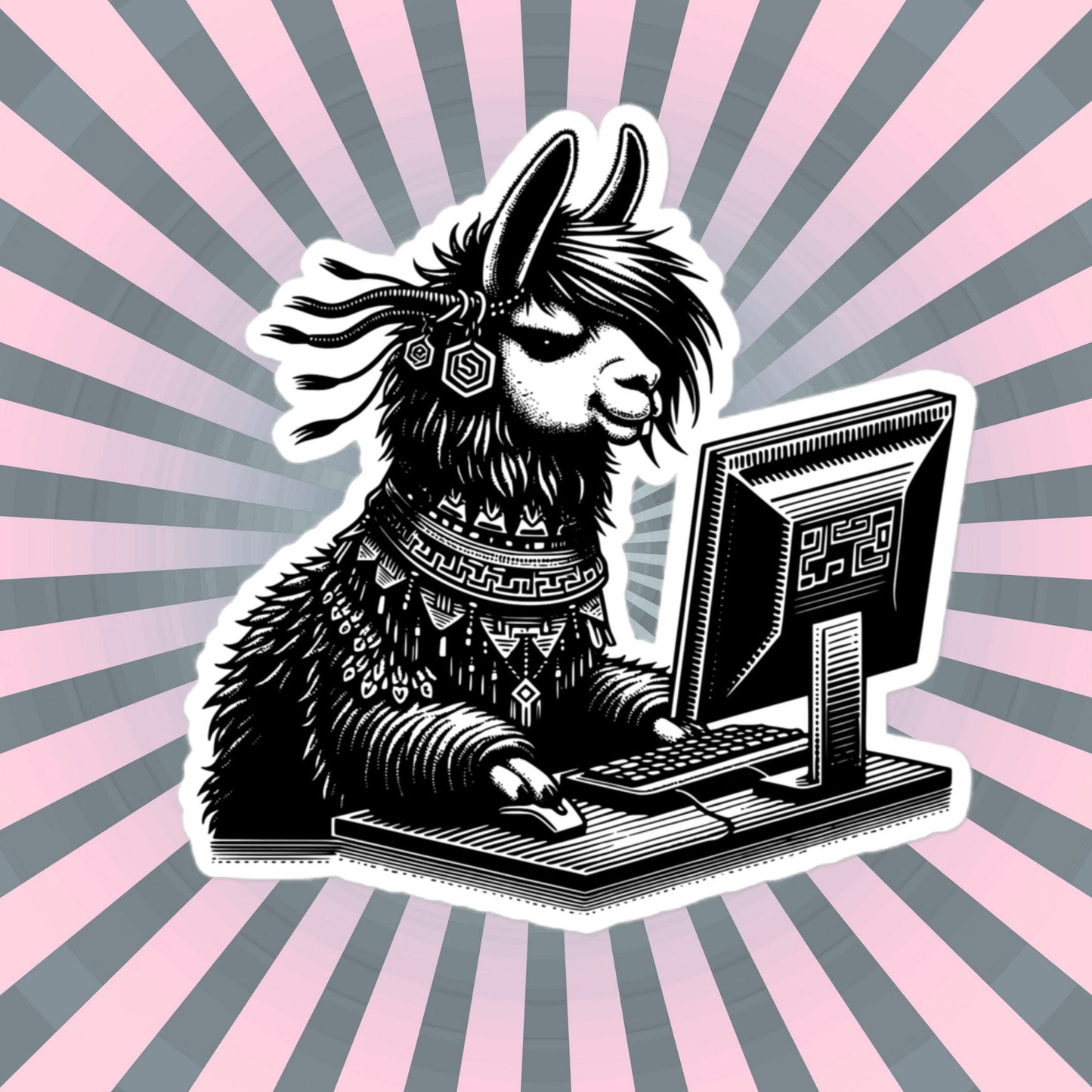 Punk Rock Llama on Computer Sticker, Cyberpunk Llama with Tech Sticker, Weirdcore Weird Stuff, Original Steampunk Warcore Art