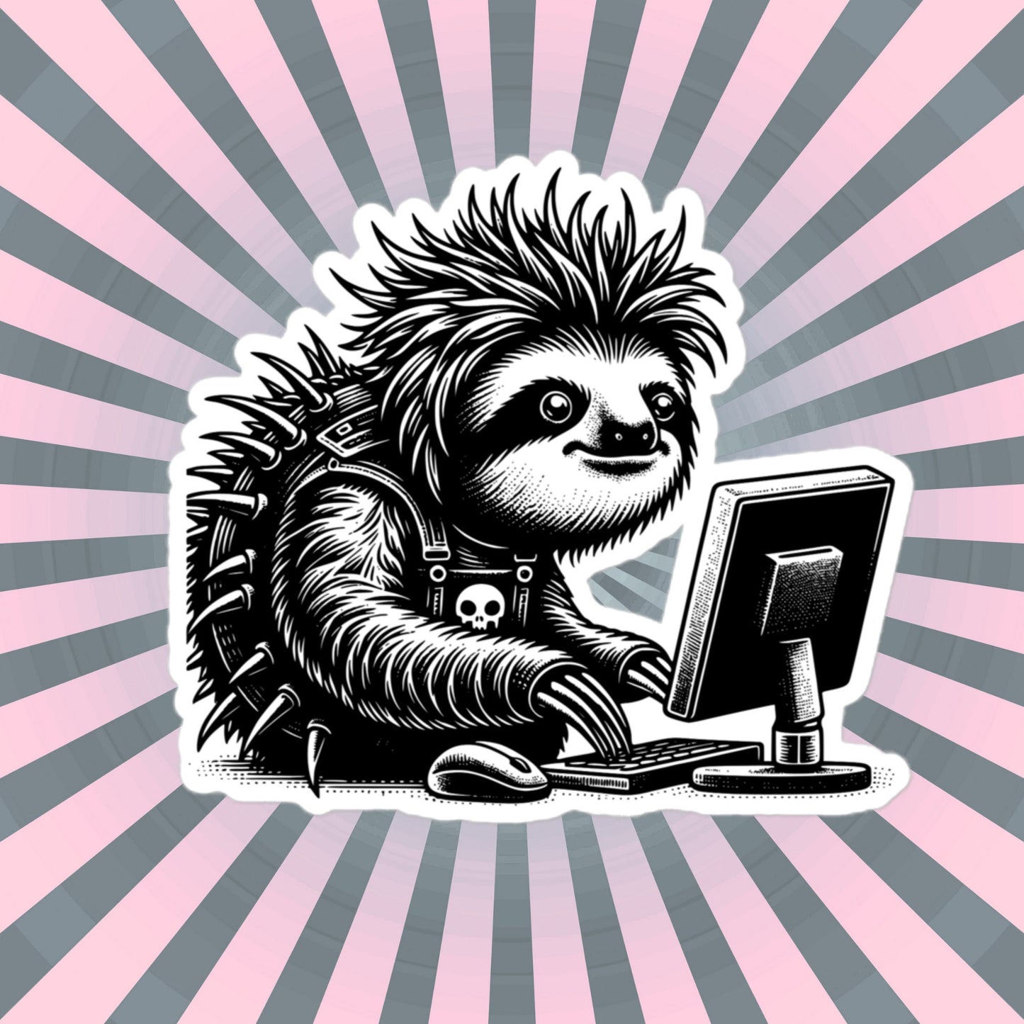 Punk Rock Sloth on Computer Sticker, Cyberpunk Sloth with Tech Sticker, Weirdcore Weird Stuff, Original Steampunk Warcore Art