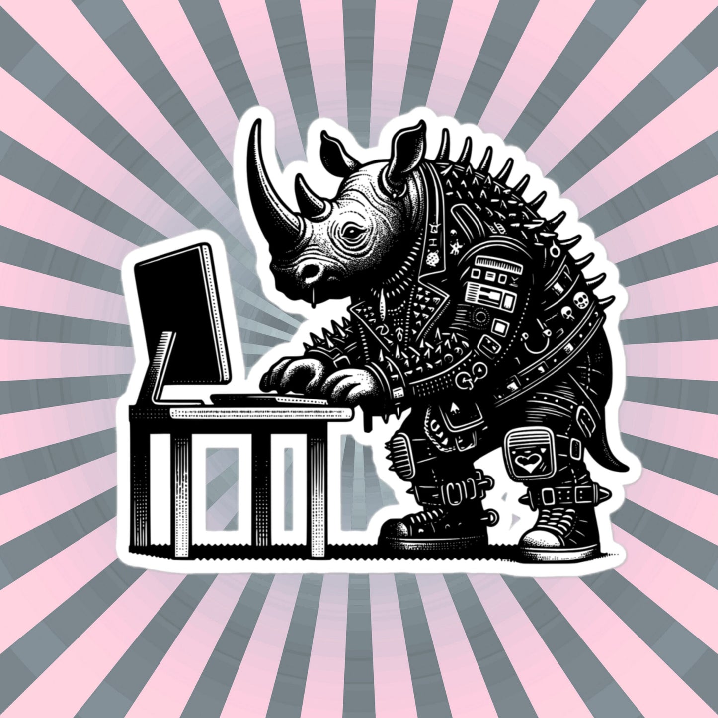 Punk Rock Rhino on Computer Sticker, Cyberpunk Rhinoceros with Tech Sticker, Weirdcore Weird Stuff, Original Steampunk Warcore Art