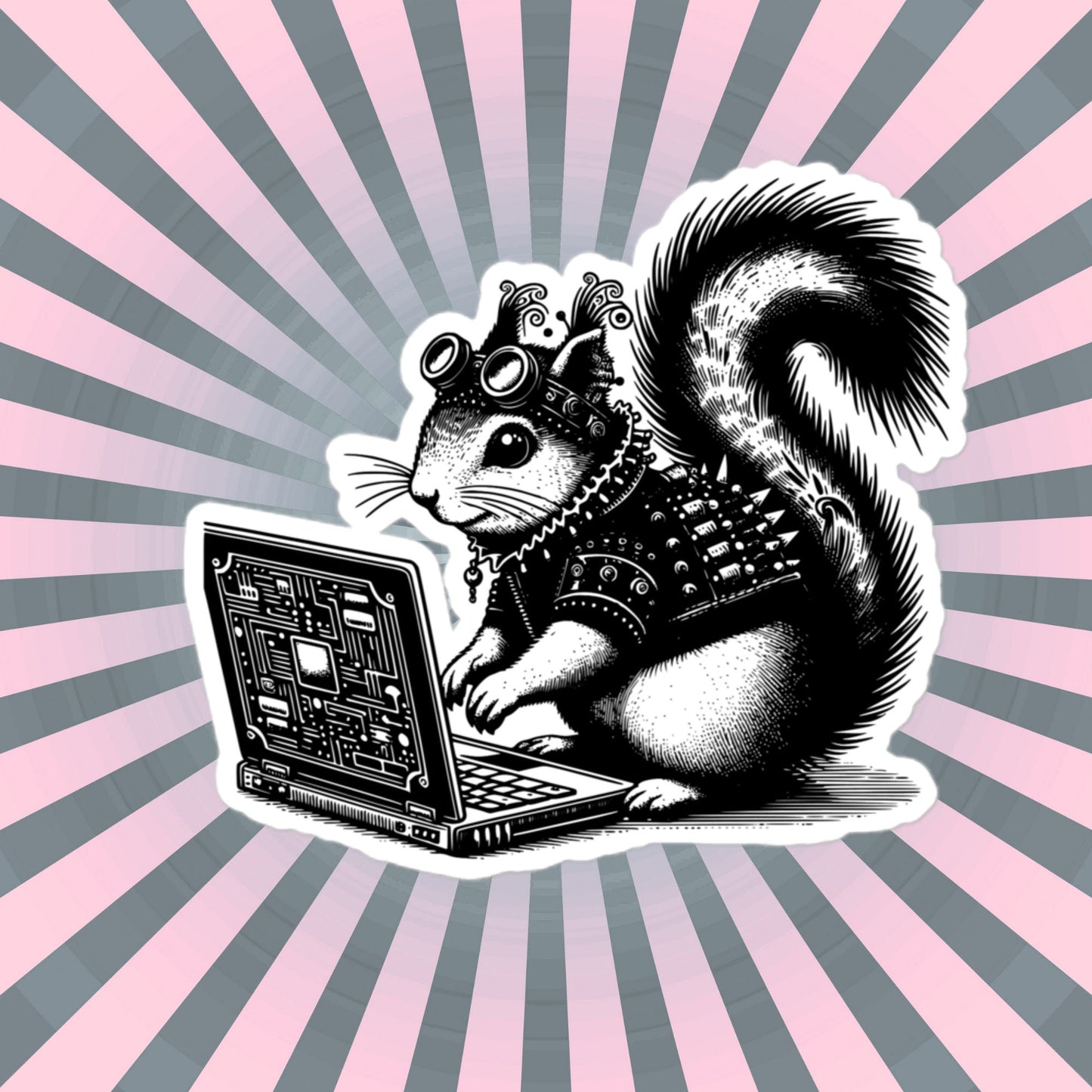Punk Rock Squirrel on Computer Sticker, Cyberpunk Squirrel with Tech Sticker, Weirdcore Weird Stuff, Original Steampunk Warcore Art