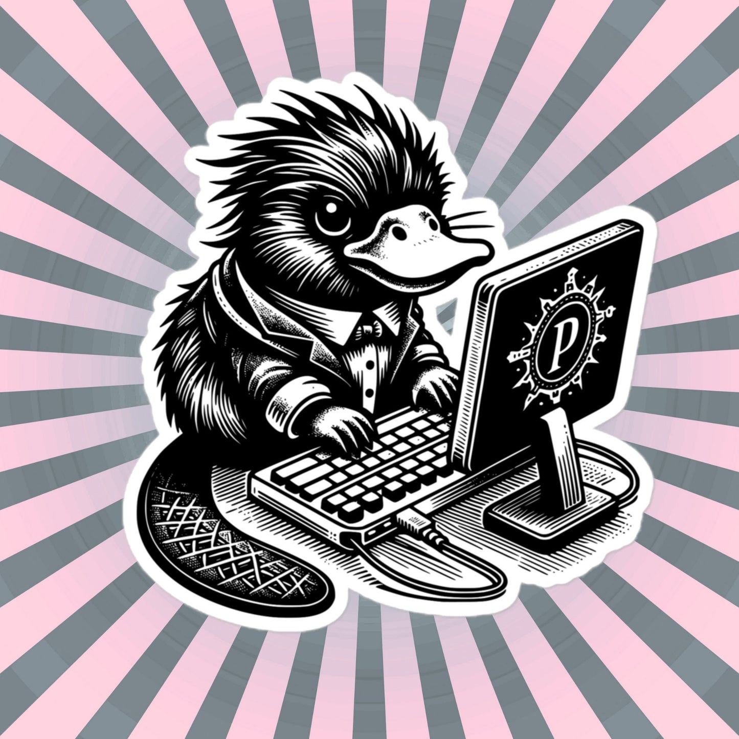 Punk Rock Platypus on Computer Sticker, Cyberpunk Platypus with Tech Sticker, Weirdcore Weird Stuff, Original Steampunk Warcore Art