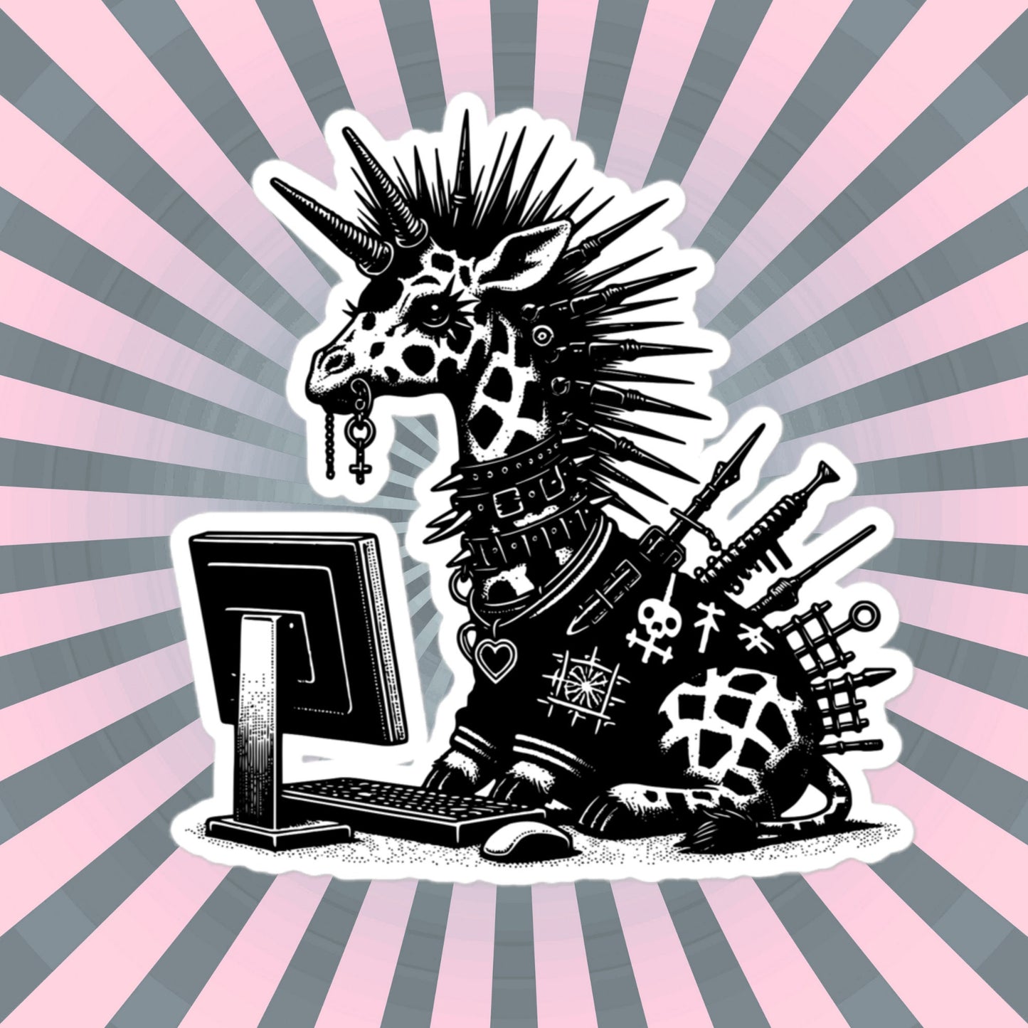 Punk Rock Giraffe on Computer Sticker, Cyberpunk Giraffe with Tech Sticker, Weirdcore Weird Stuff, Original Steampunk Warcore Art