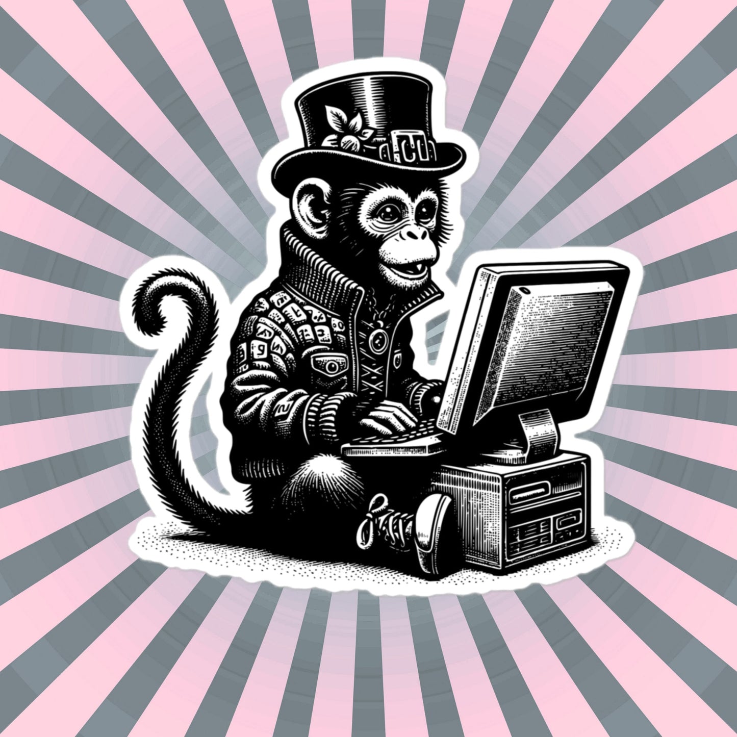 Punk Rock Monkey on Computer Sticker, Cyberpunk Chimp with Tech Sticker, Weirdcore Weird Stuff, Original Steampunk Art Unique Gift