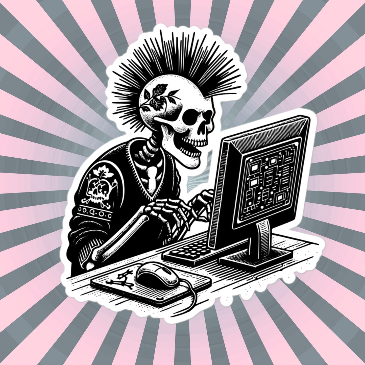 Punk Rock Skeleton on Computer Sticker, Cyberpunk Skeleton with Tech Sticker, Weirdcore Weird Stuff, Original Steampunk Warcore Art