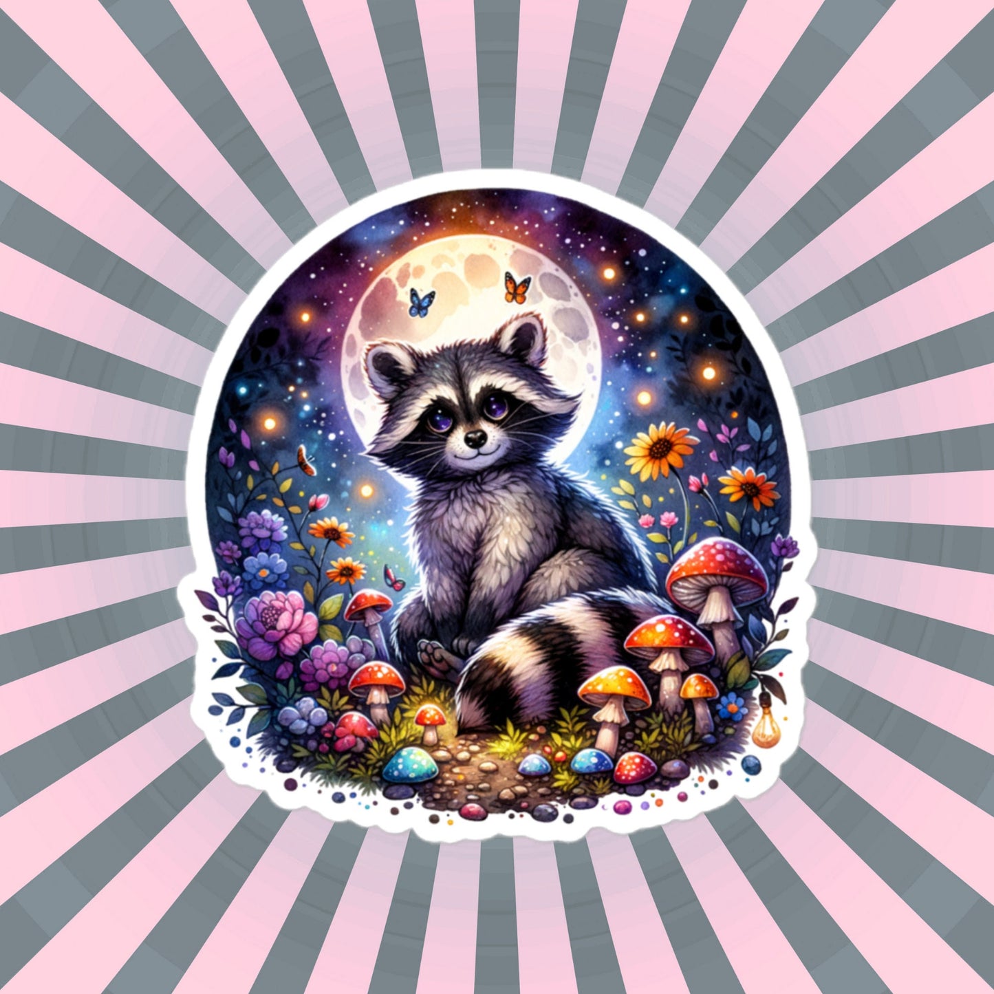 Whimsical Goth Cute Big Eyed Raccoon Forestcore Moonlight Mushroom Original Art Vinyl Sticker