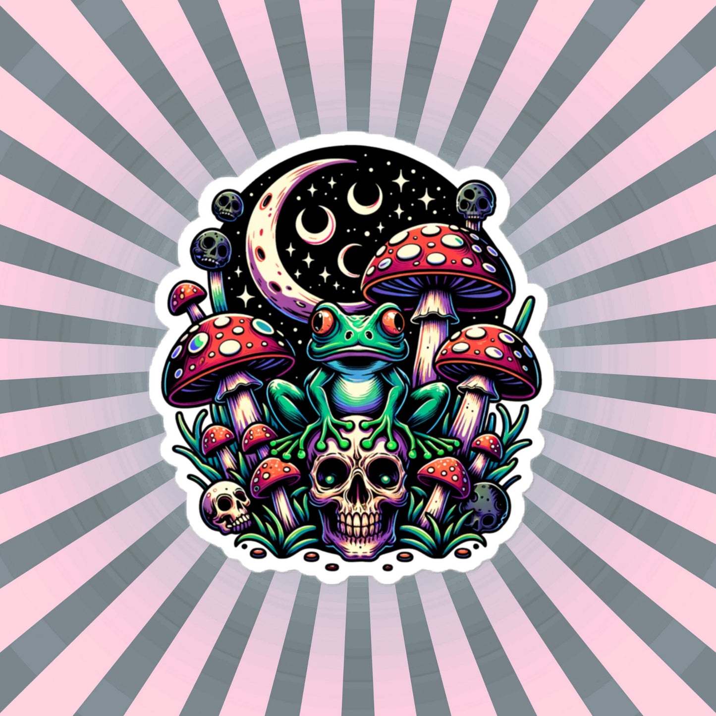 Whimsigoth Weirdcore Frog Mushroom Skull Vinyl Sticker, for Car, Bumper, Scrapbooking, Skateboards, or Crafts