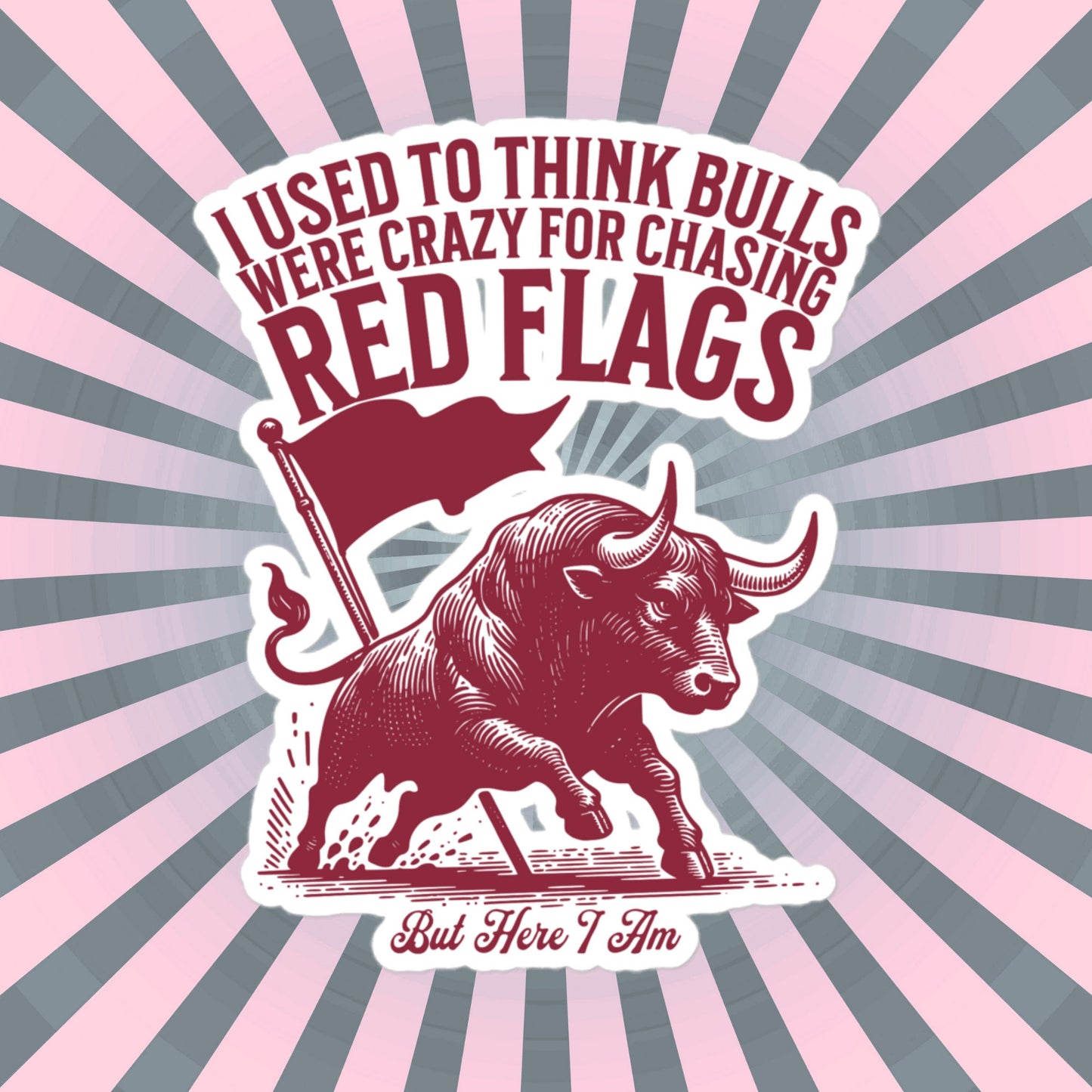 Funny Relationship Meme Vinyl Sticker, I Used to Think Bulls Were Crazy for Chasing Red Flags, But Here I Am Sticker, Fun Gag Gift