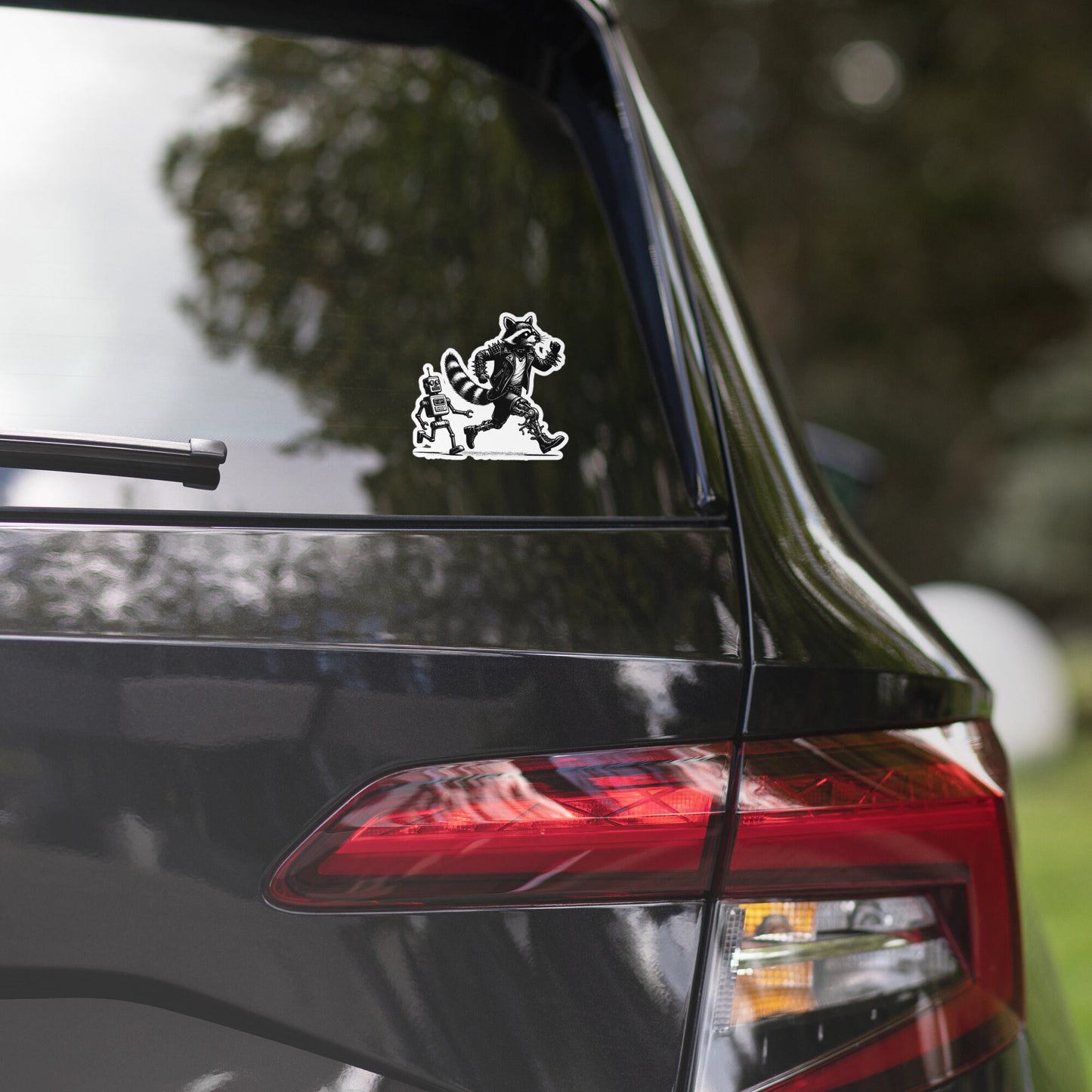 Cyber Goth Punk Robot Chasing Raccoon Sticker, Weirdcore Animal Vinyl Waterproof Weird Sticker for Tumblers, Bumpers, Books & Crafts