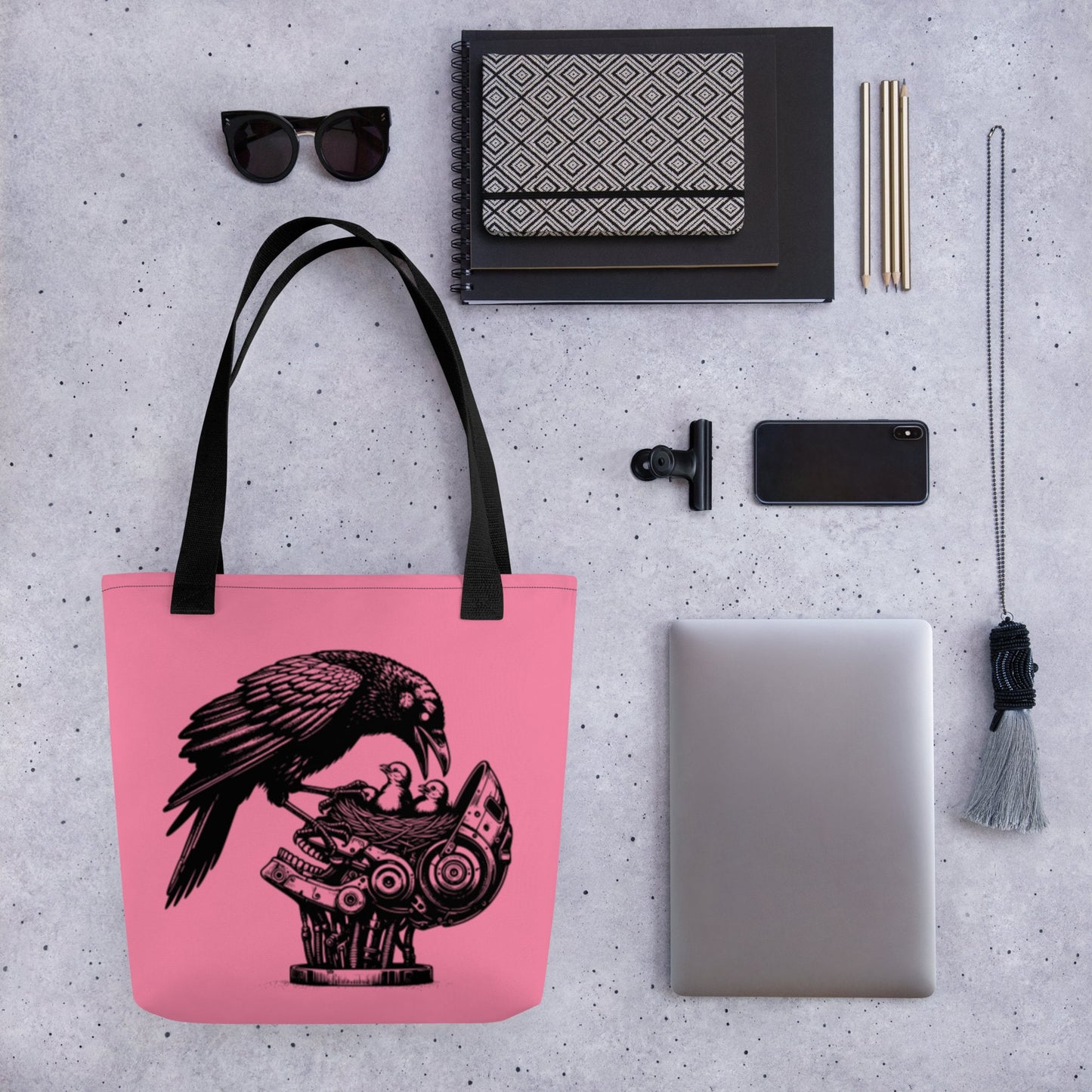 Pink Pastel Goth Grunge Punk Raven Nest Robot Tote Bag Animal vs Tech Gothic DreamSage Tote Bag