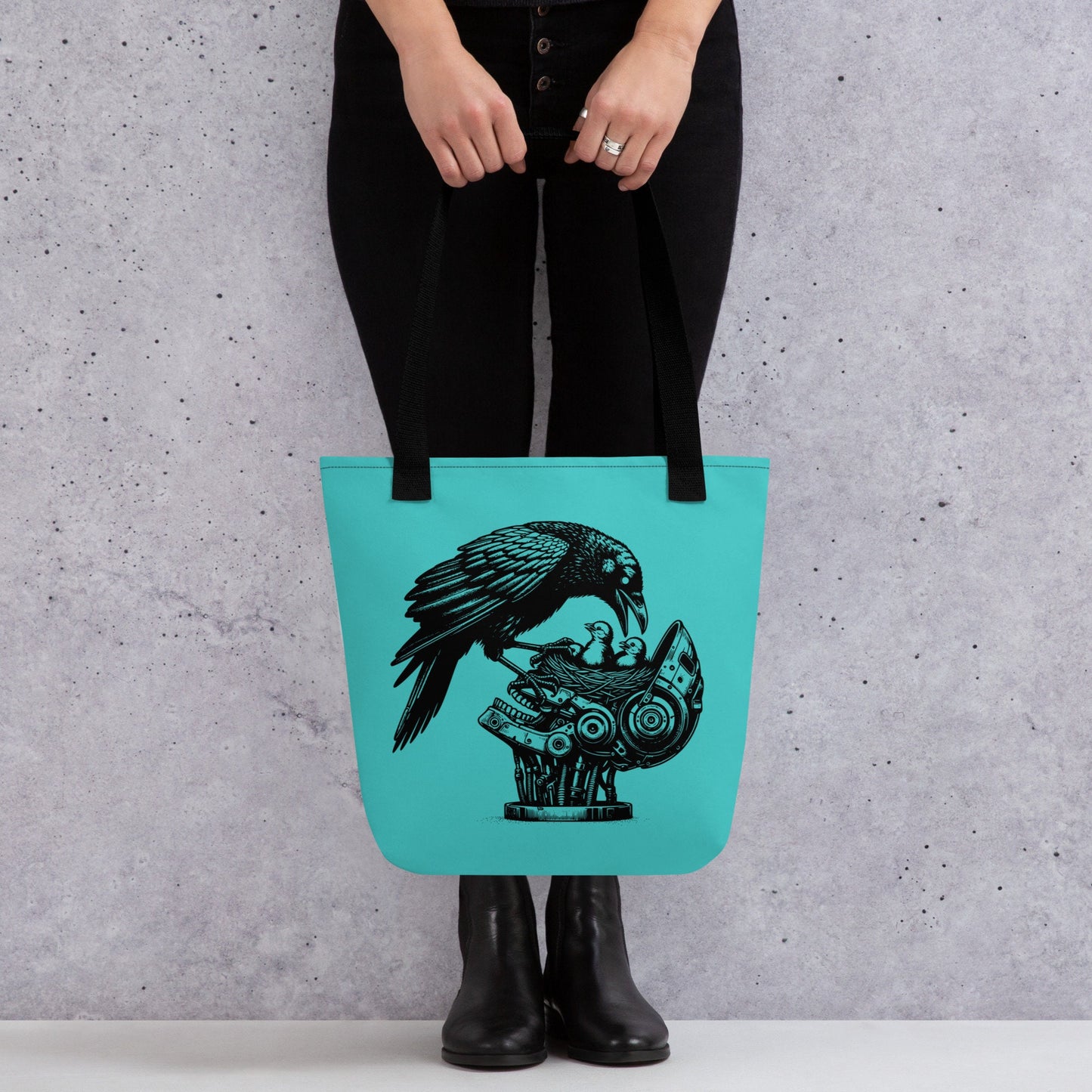 Aqua Blue & Black Pastel Goth Grunge Punk Raven Rewire Robot Tote Bag Animal vs Tech Gothic DreamSage Tote Bag