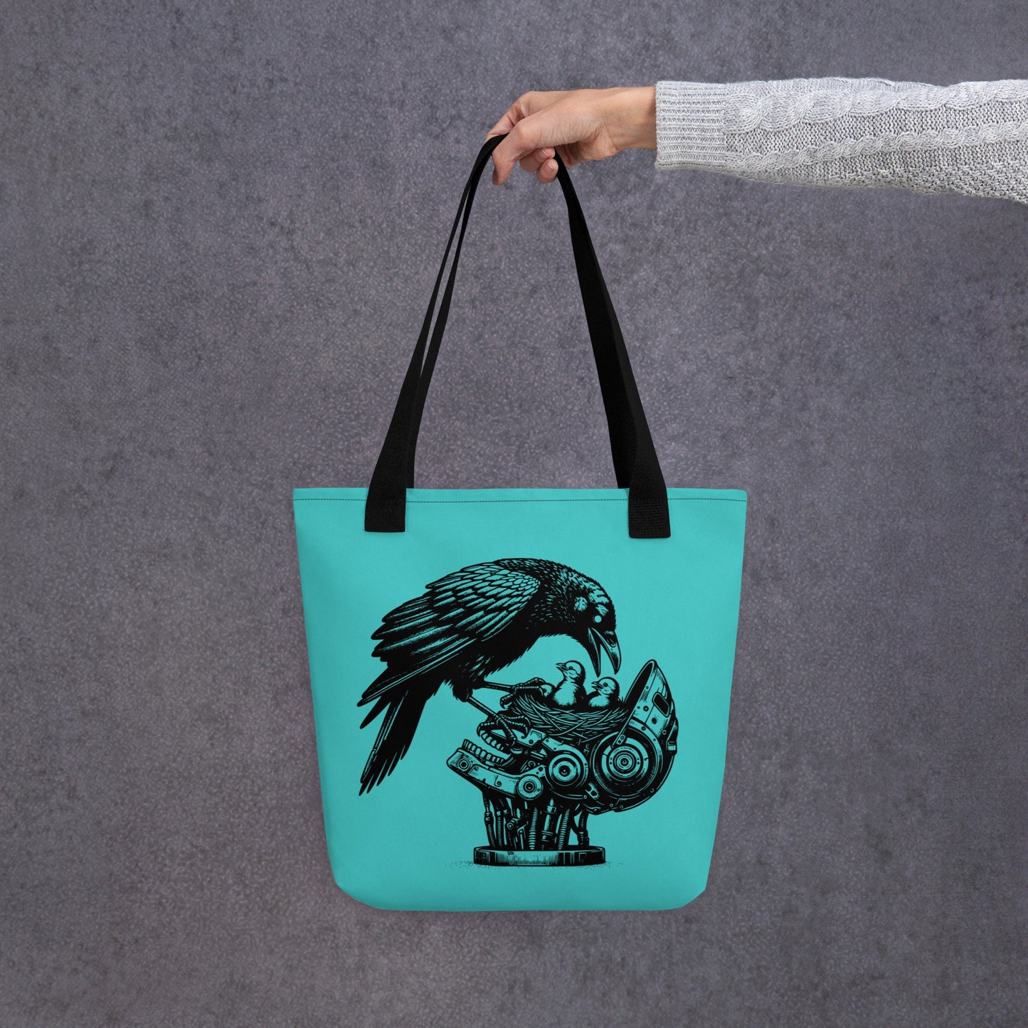 Aqua Blue & Black Pastel Goth Grunge Punk Raven Rewire Robot Tote Bag Animal vs Tech Gothic DreamSage Tote Bag