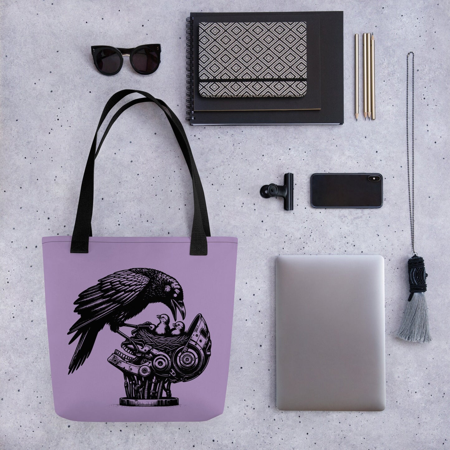 Purple & Black Pastel Goth Grunge Punk Raven Nest Robot Tote Bag Animal vs Tech Gothic DreamSage Tote Bag