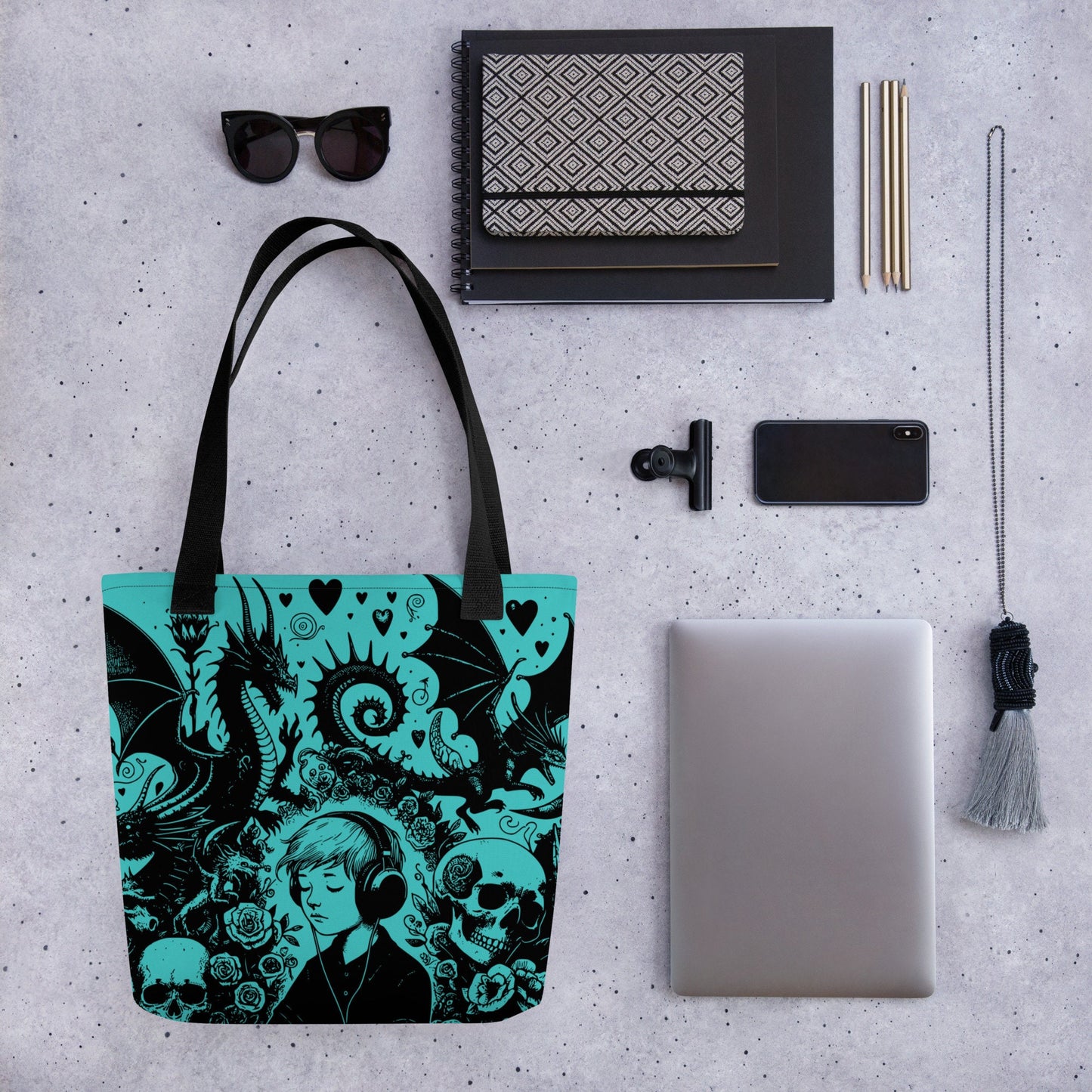 AQUA Gothic Grunge Pastel Goth Drowning Out The Demons Tote Bag, Ventcore Darkcore Weird Stuff Dark Aesthetic Tote Bag