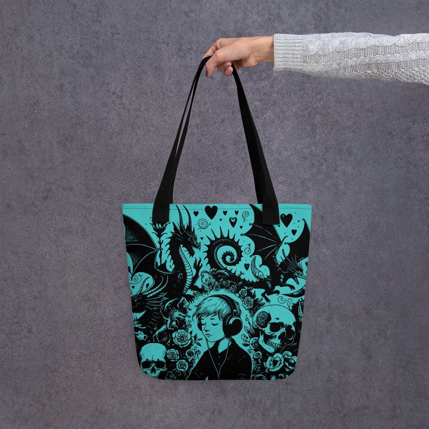 AQUA Gothic Grunge Pastel Goth Drowning Out The Demons Tote Bag, Ventcore Darkcore Weird Stuff Dark Aesthetic Tote Bag