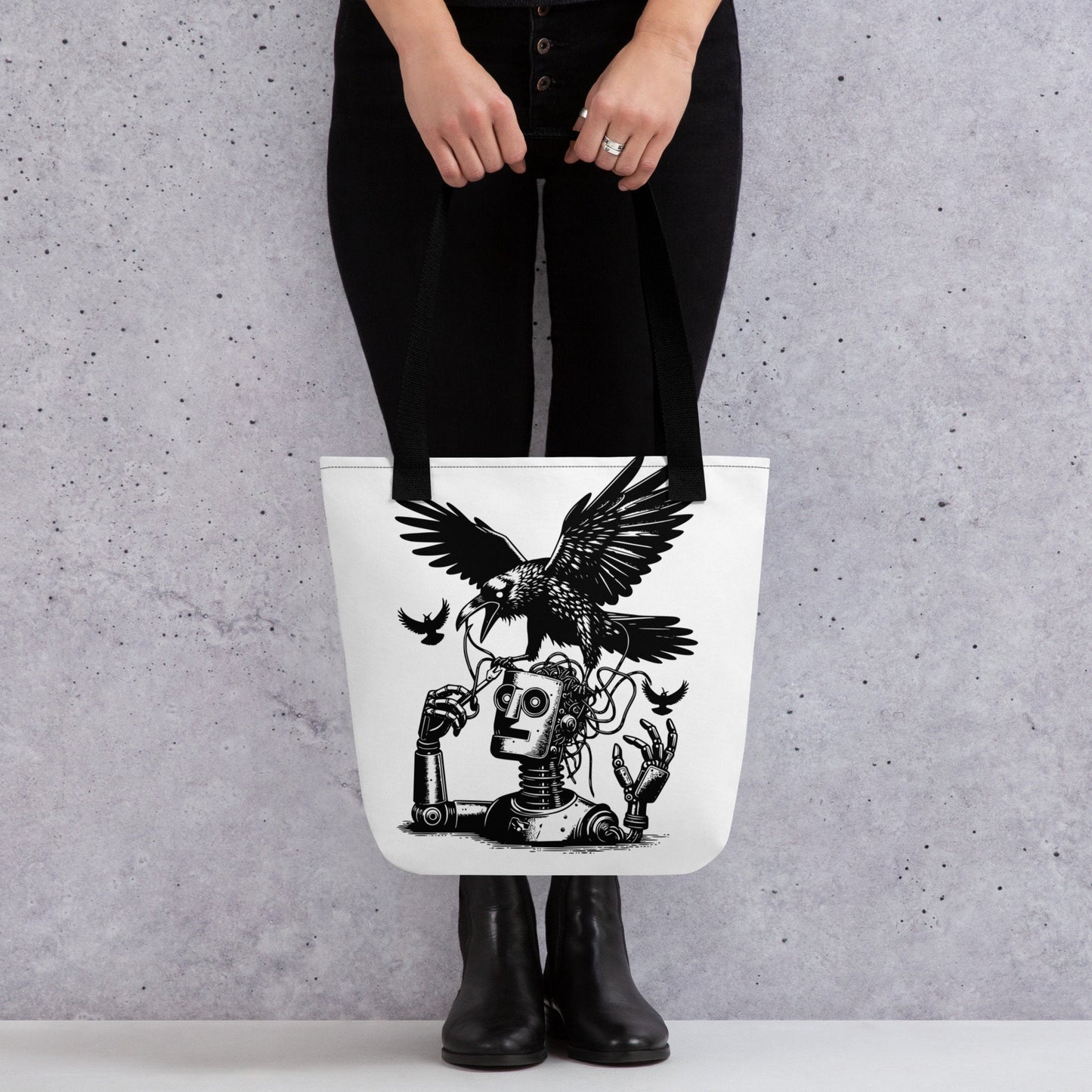 WHITE Pastel Goth Grunge Punk Ravens Against The Machine Robot Tote Bag Animal vs Tech Gothic DreamSage Tote Bag