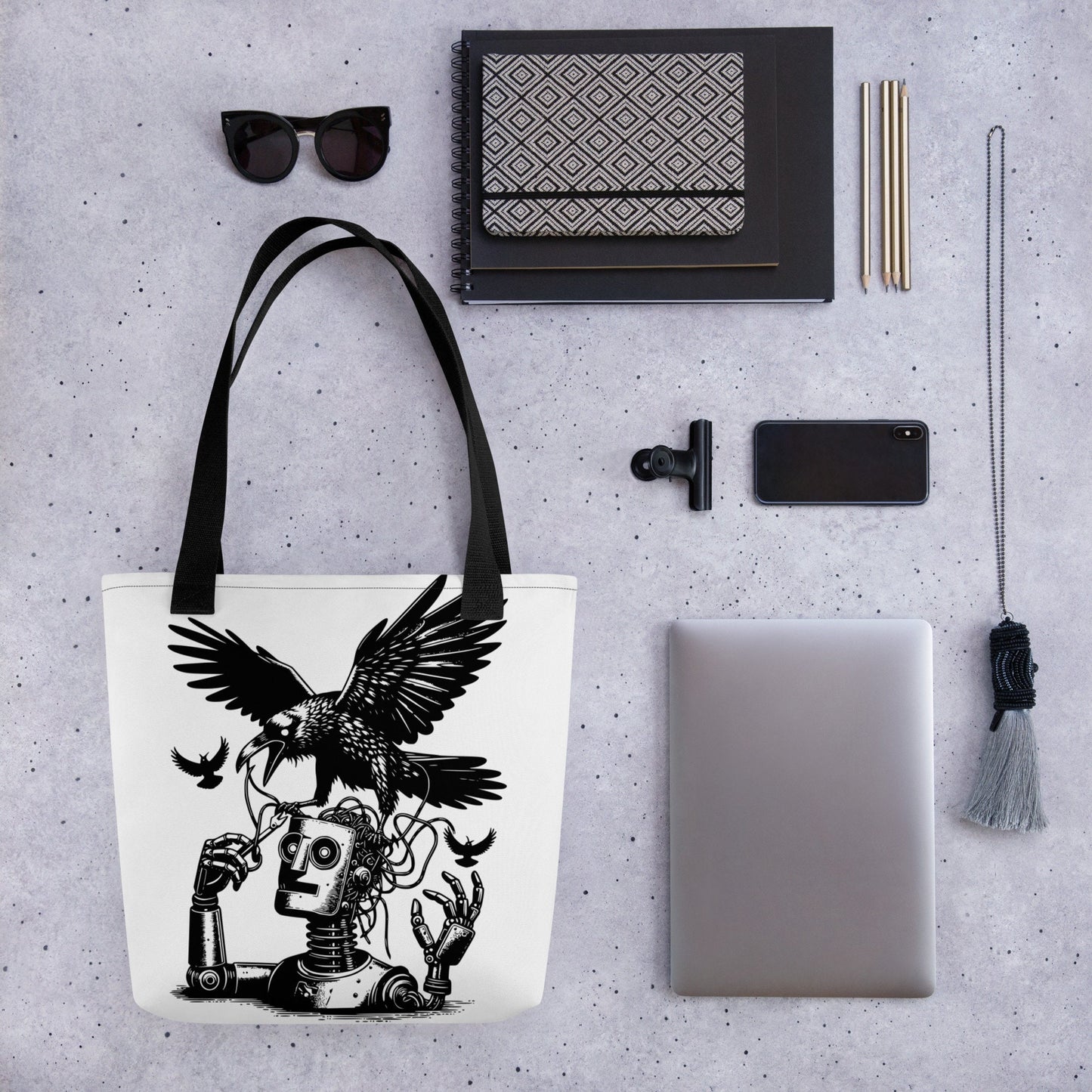 WHITE Pastel Goth Grunge Punk Ravens Against The Machine Robot Tote Bag Animal vs Tech Gothic DreamSage Tote Bag