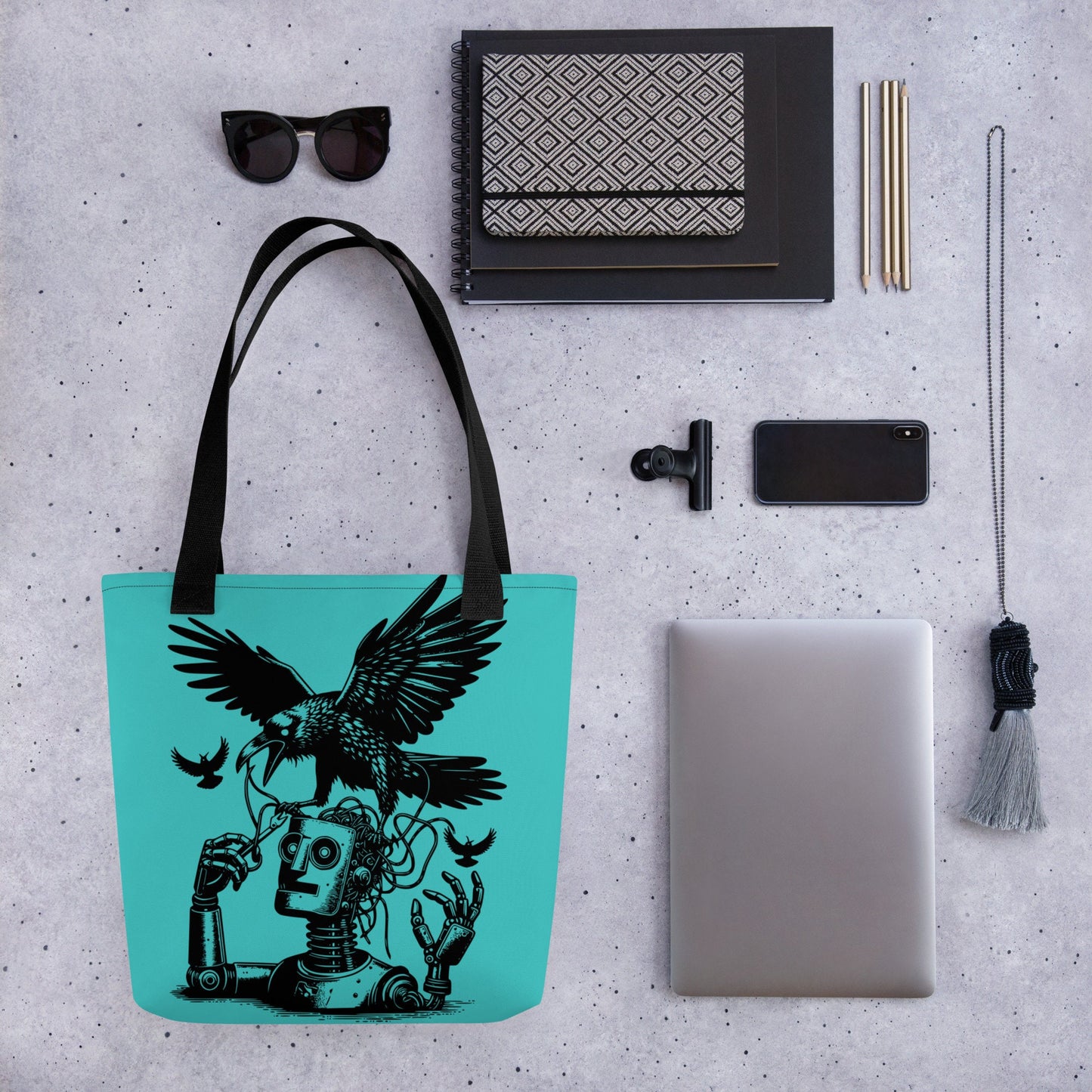 AQUA Pastel Goth Grunge Punk Ravens Against The Machine Robot Tote Bag Animal vs Tech Gothic DreamSage Tote Bag