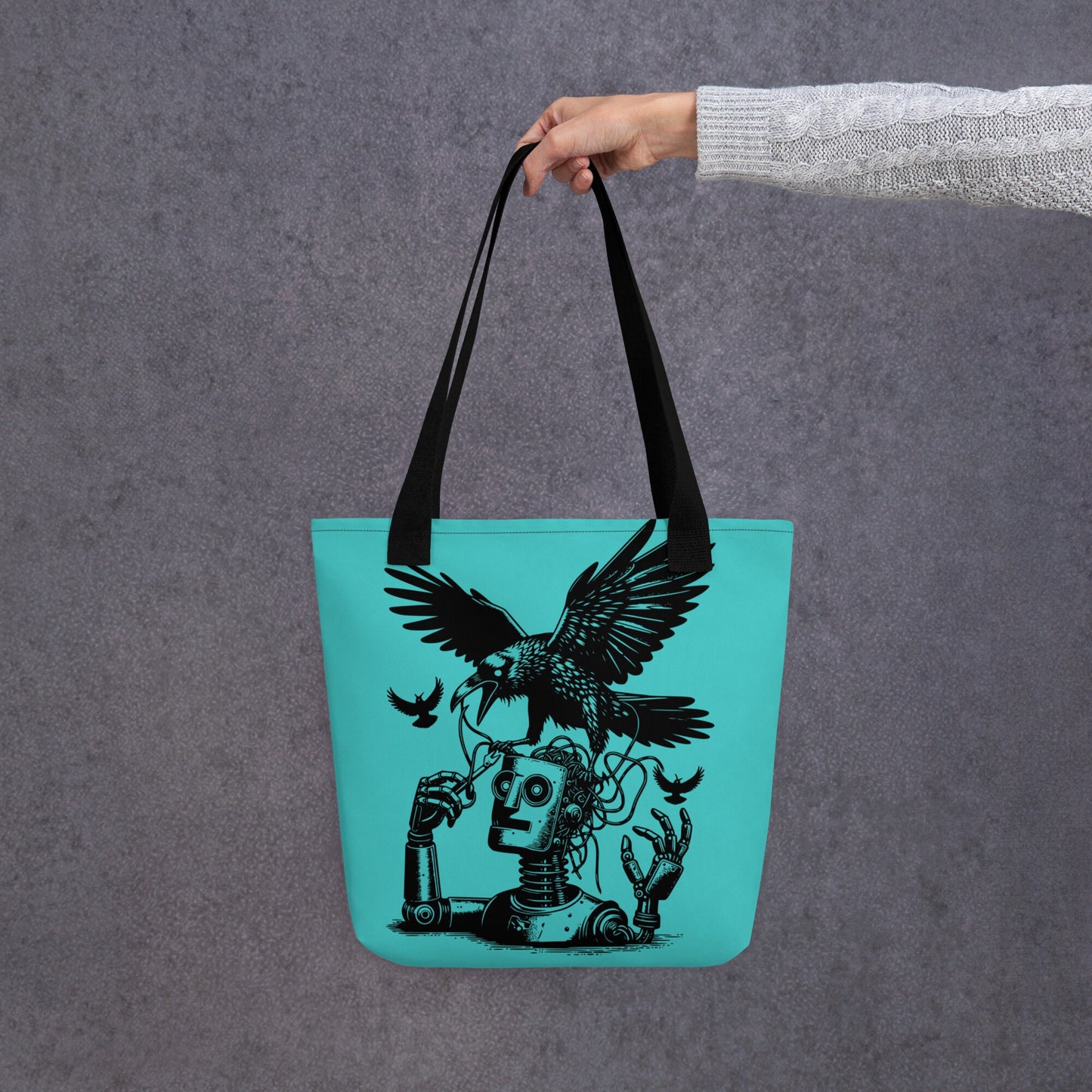 AQUA Pastel Goth Grunge Punk Ravens Against The Machine Robot Tote Bag Animal vs Tech Gothic DreamSage Tote Bag