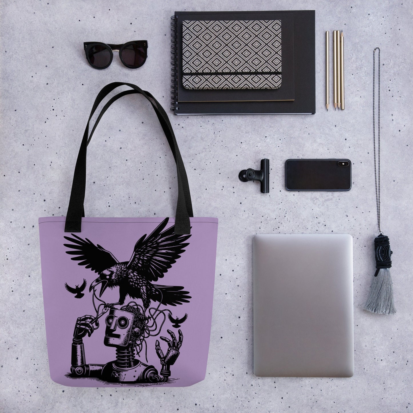 PURPLE Pastel Goth Grunge Punk Ravens Against The Machine Robot Tote Bag Animal vs Tech Gothic DreamSage Tote Bag
