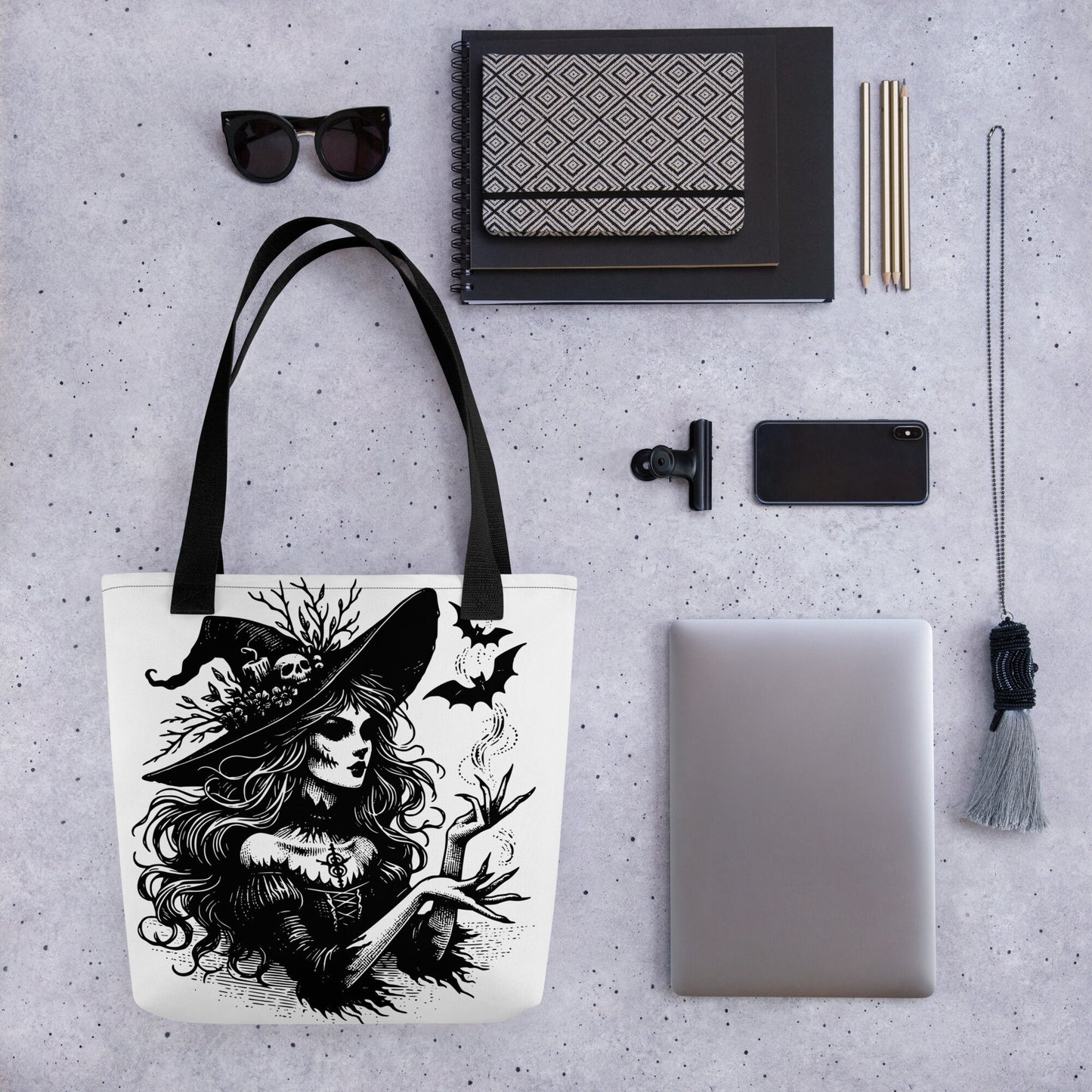 WHITE Gothic Grunge Pastel Goth Bats & Witch Tote Bag, Ventcore Darkcore Weird Stuff Dark Aesthetic Halloween Tote Bag