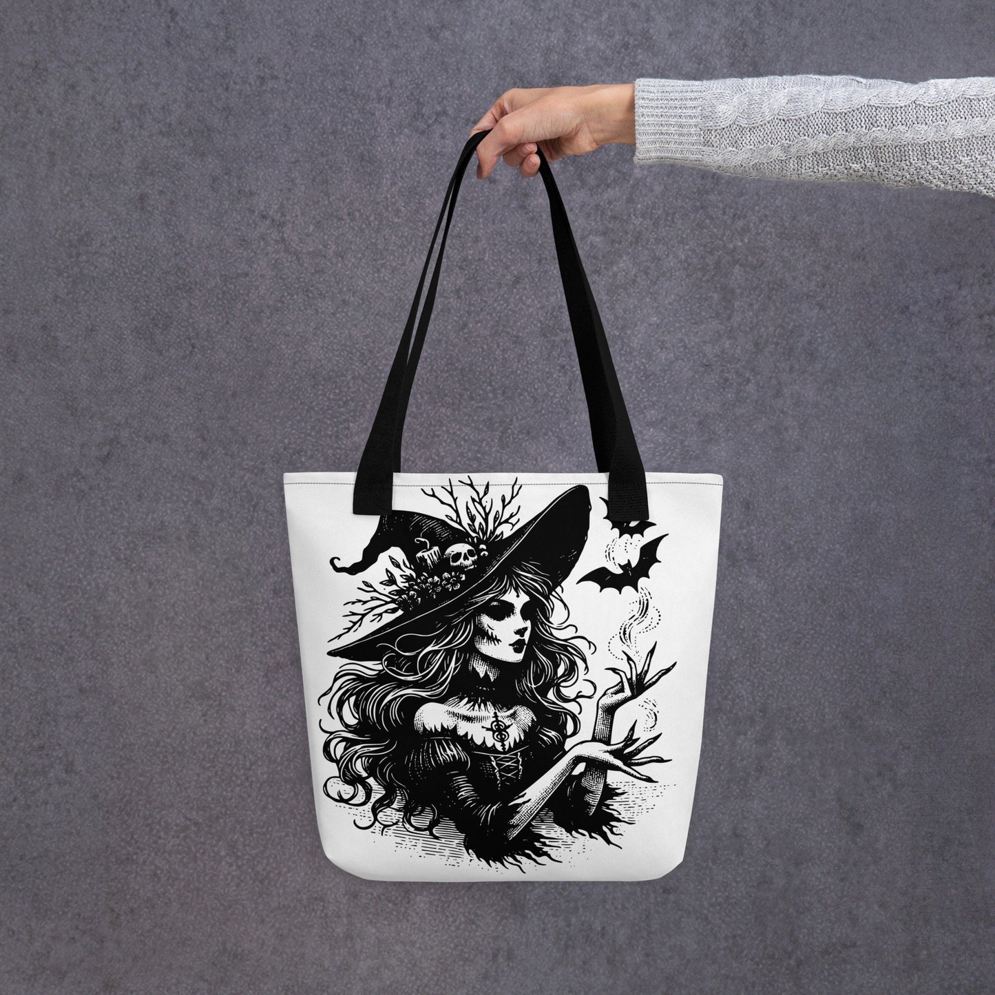 WHITE Gothic Grunge Pastel Goth Bats & Witch Tote Bag, Ventcore Darkcore Weird Stuff Dark Aesthetic Halloween Tote Bag