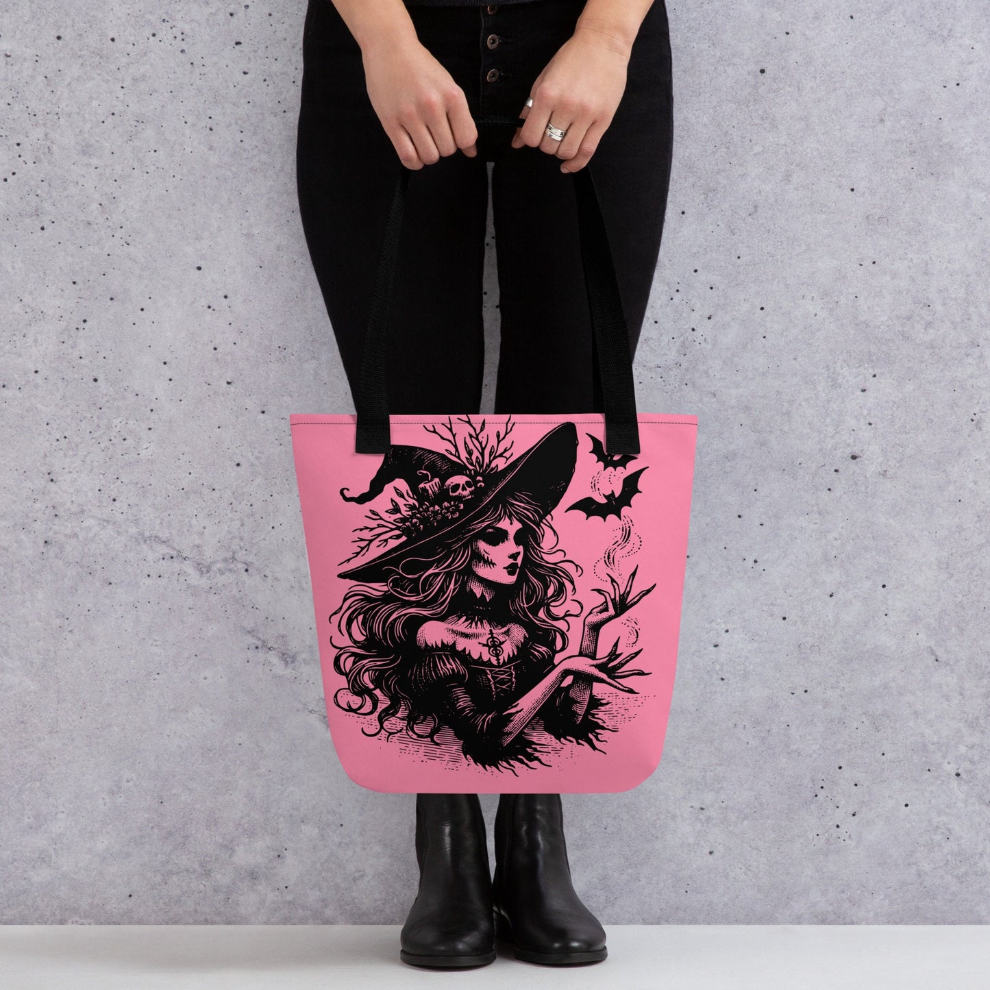 PINK Gothic Grunge Pastel Goth Bats & Witch Tote Bag, Ventcore Darkcore Weird Stuff Dark Aesthetic Halloween Tote Bag