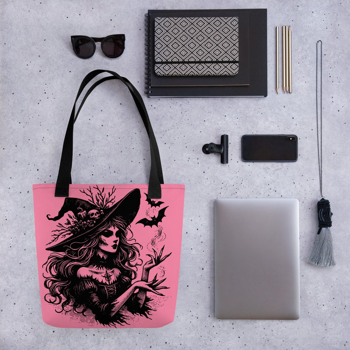 PINK Gothic Grunge Pastel Goth Bats & Witch Tote Bag, Ventcore Darkcore Weird Stuff Dark Aesthetic Halloween Tote Bag