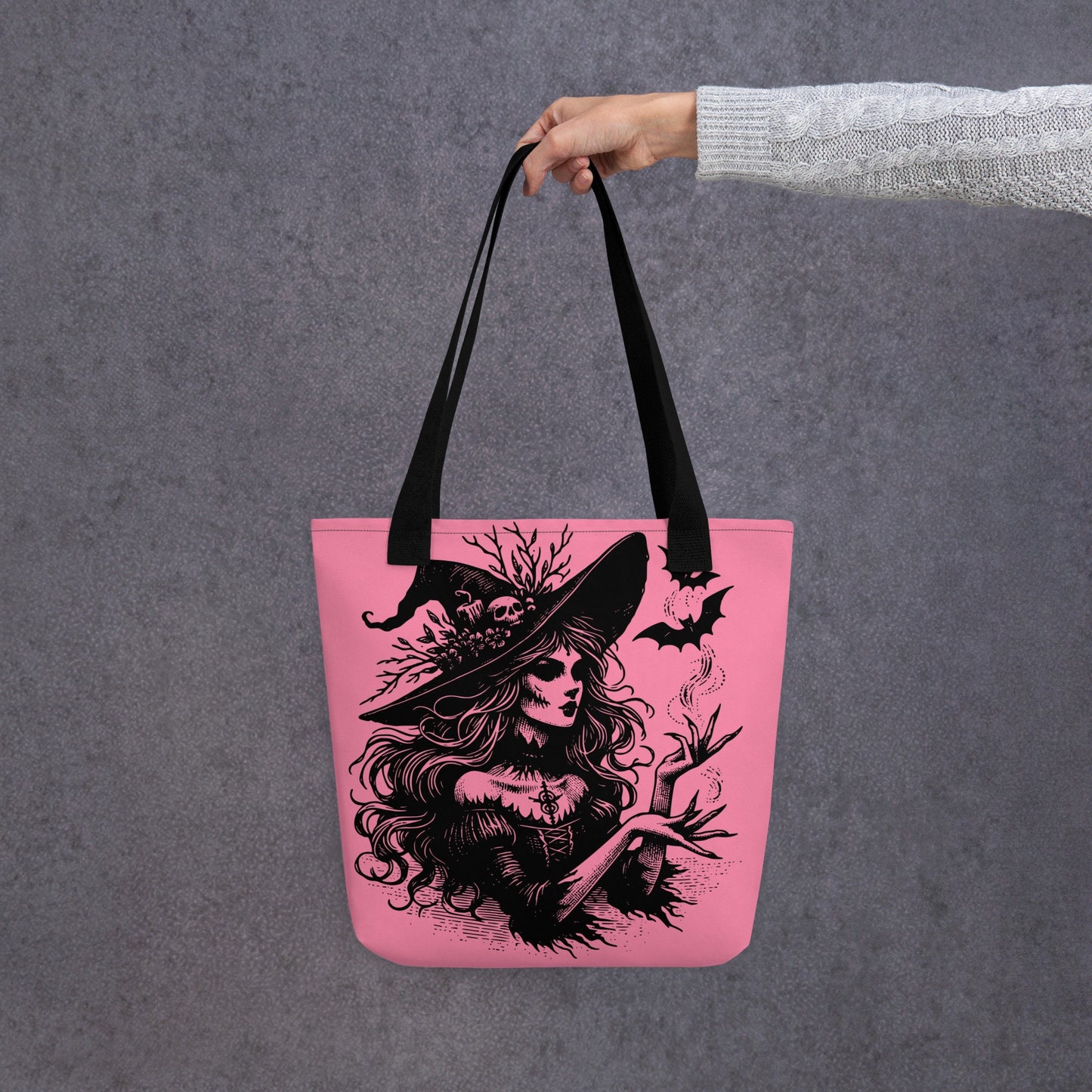 PINK Gothic Grunge Pastel Goth Bats & Witch Tote Bag, Ventcore Darkcore Weird Stuff Dark Aesthetic Halloween Tote Bag