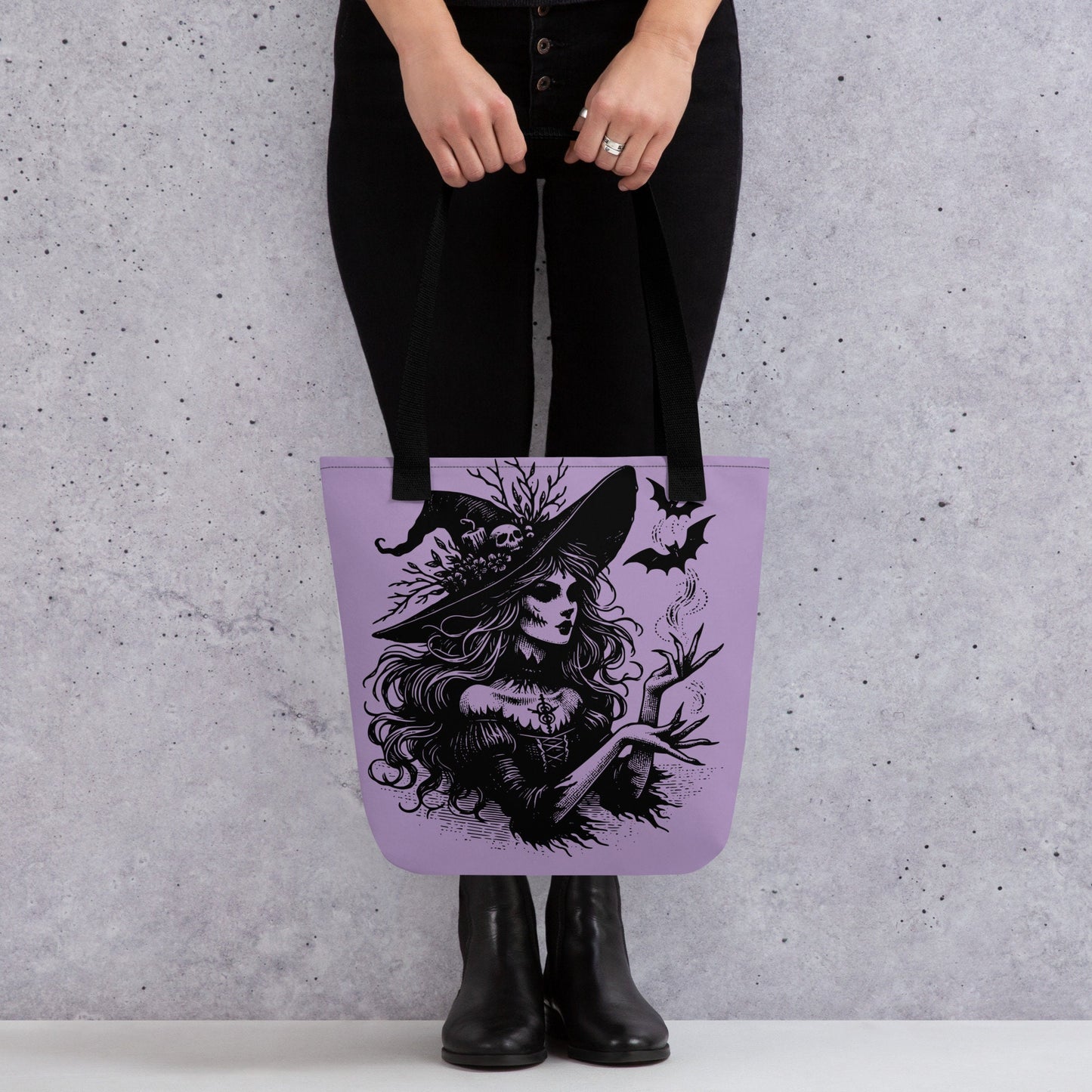 PURPLE Gothic Grunge Pastel Goth Bats & Witch Tote Bag, Ventcore Darkcore Weird Stuff Dark Aesthetic Halloween Tote Bag