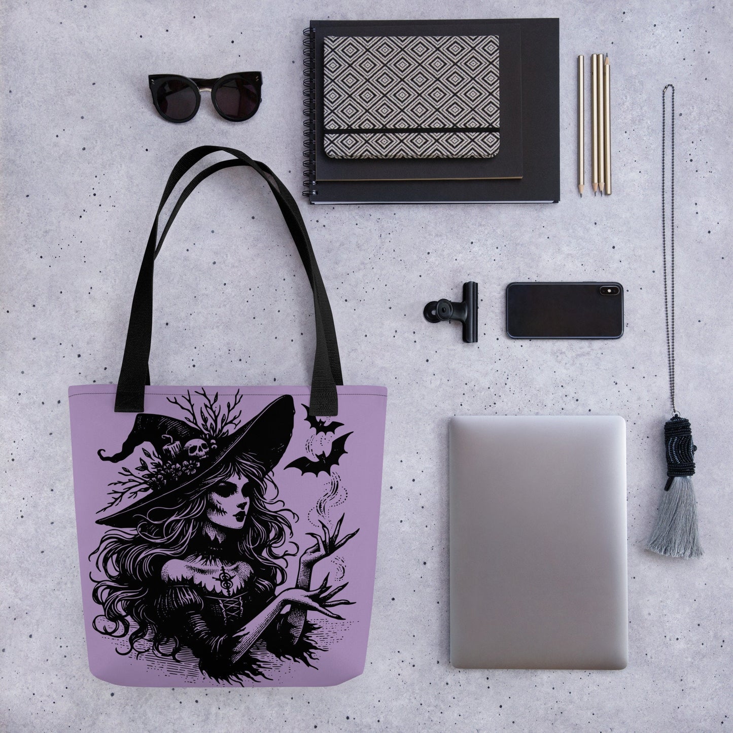 PURPLE Gothic Grunge Pastel Goth Bats & Witch Tote Bag, Ventcore Darkcore Weird Stuff Dark Aesthetic Halloween Tote Bag