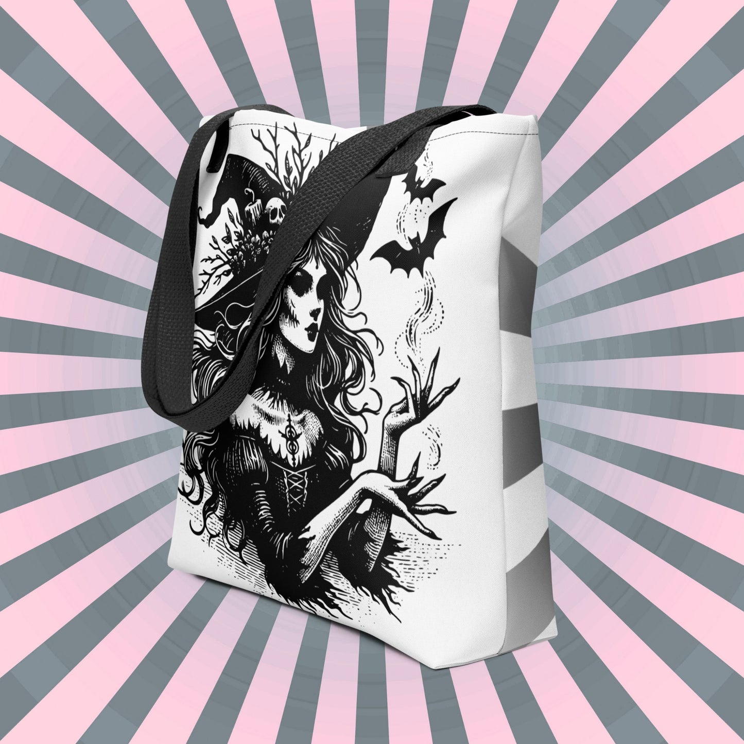 WHITE Gothic Grunge Pastel Goth Bats & Witch Tote Bag, Ventcore Darkcore Weird Stuff Dark Aesthetic Halloween Tote Bag