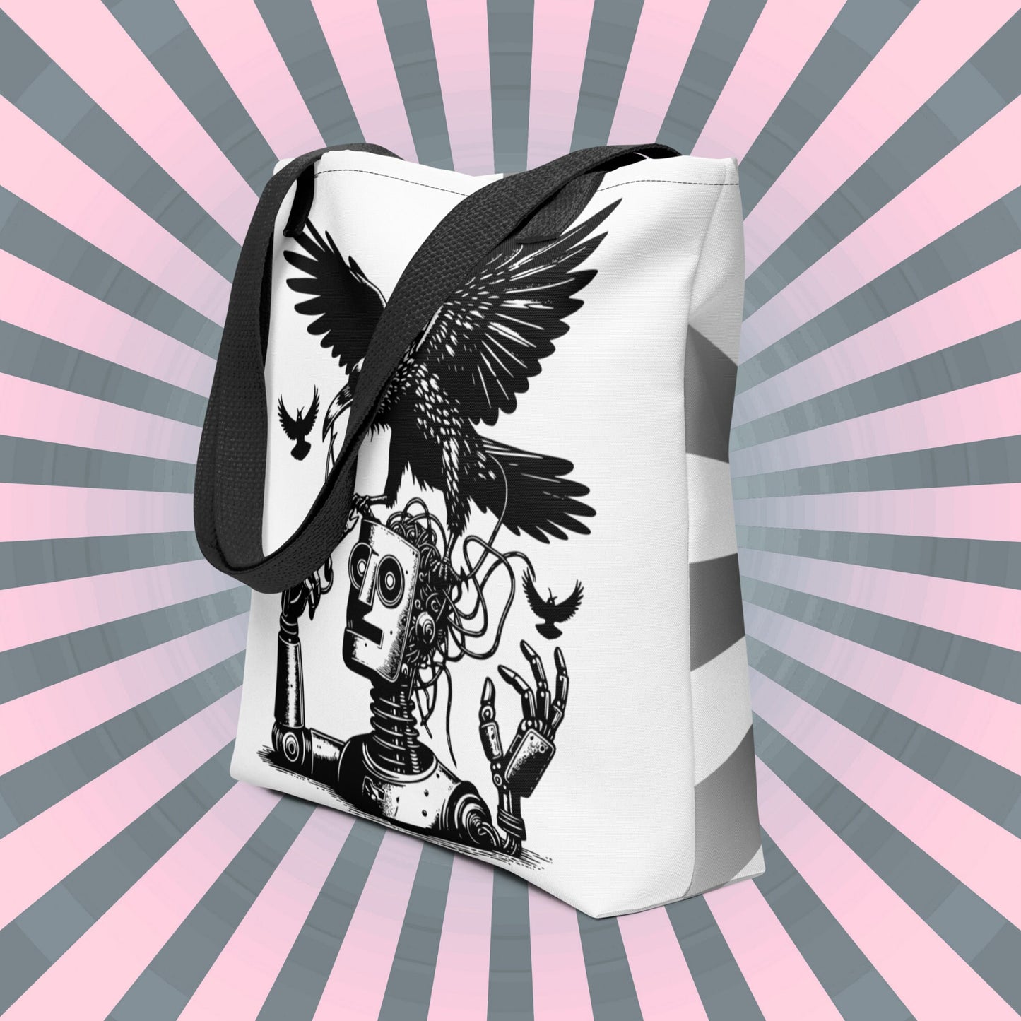 WHITE Pastel Goth Grunge Punk Ravens Against The Machine Robot Tote Bag Animal vs Tech Gothic DreamSage Tote Bag