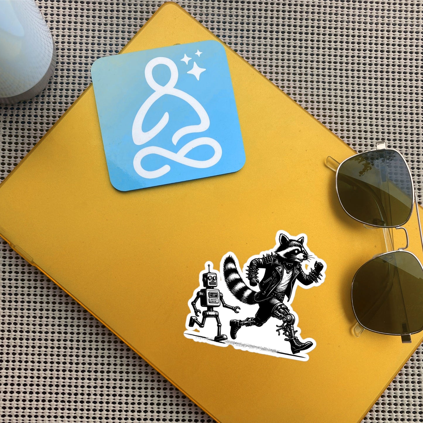 Cyber Goth Punk Robot Chasing Raccoon Sticker, Weirdcore Animal Vinyl Waterproof Weird Sticker for Tumblers, Bumpers, Books & Crafts