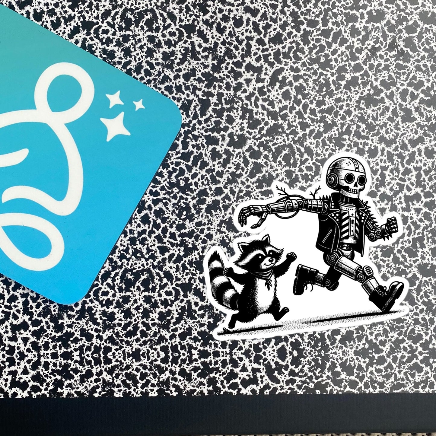 Cyber Goth Punk Raccoon Chasing Robot Sticker, Weirdcore Animal Vinyl Waterproof Weird Sticker for Tumblers, Bumpers, Books & Crafts