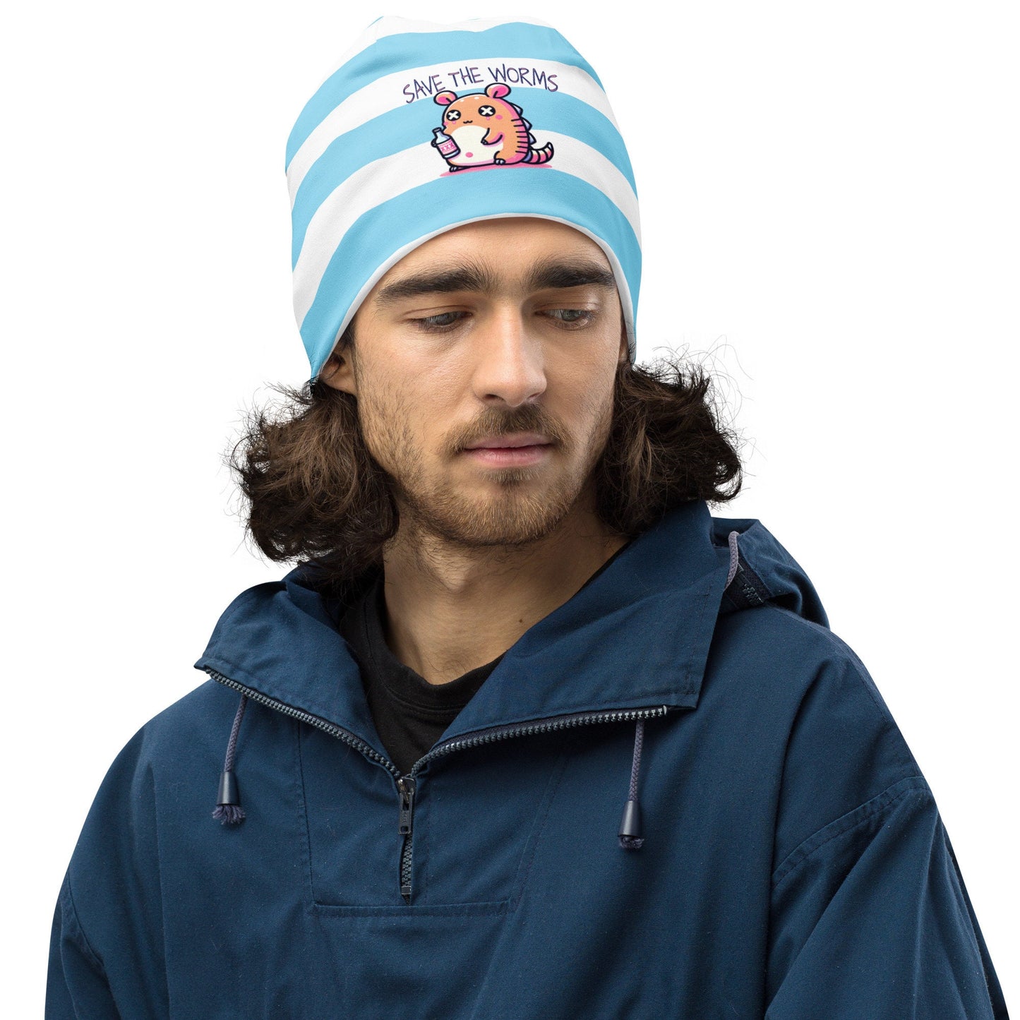 Weirdcore Pastel Goth Grunge Armadillo Striped Beanie, Dillo Save The Worms Oddcore Beanie Hat