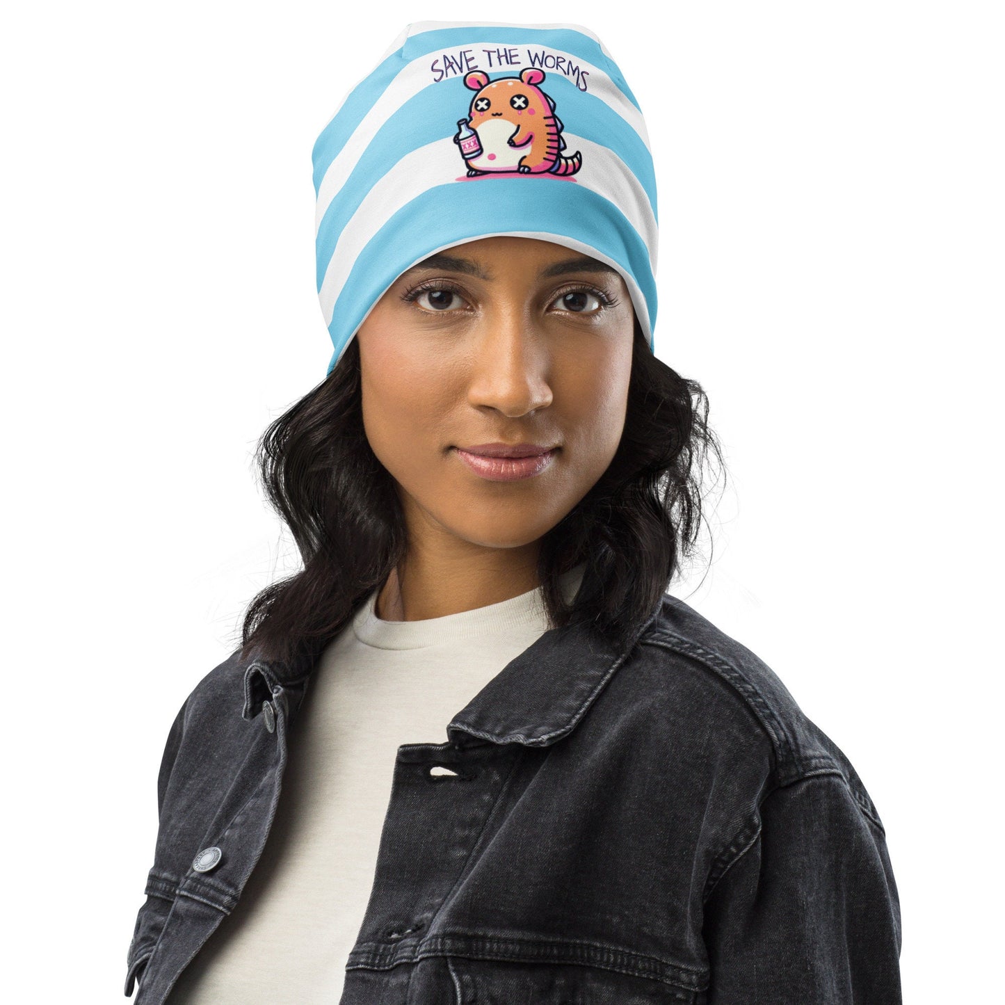 Weirdcore Pastel Goth Grunge Armadillo Striped Beanie, Dillo Save The Worms Oddcore Beanie Hat