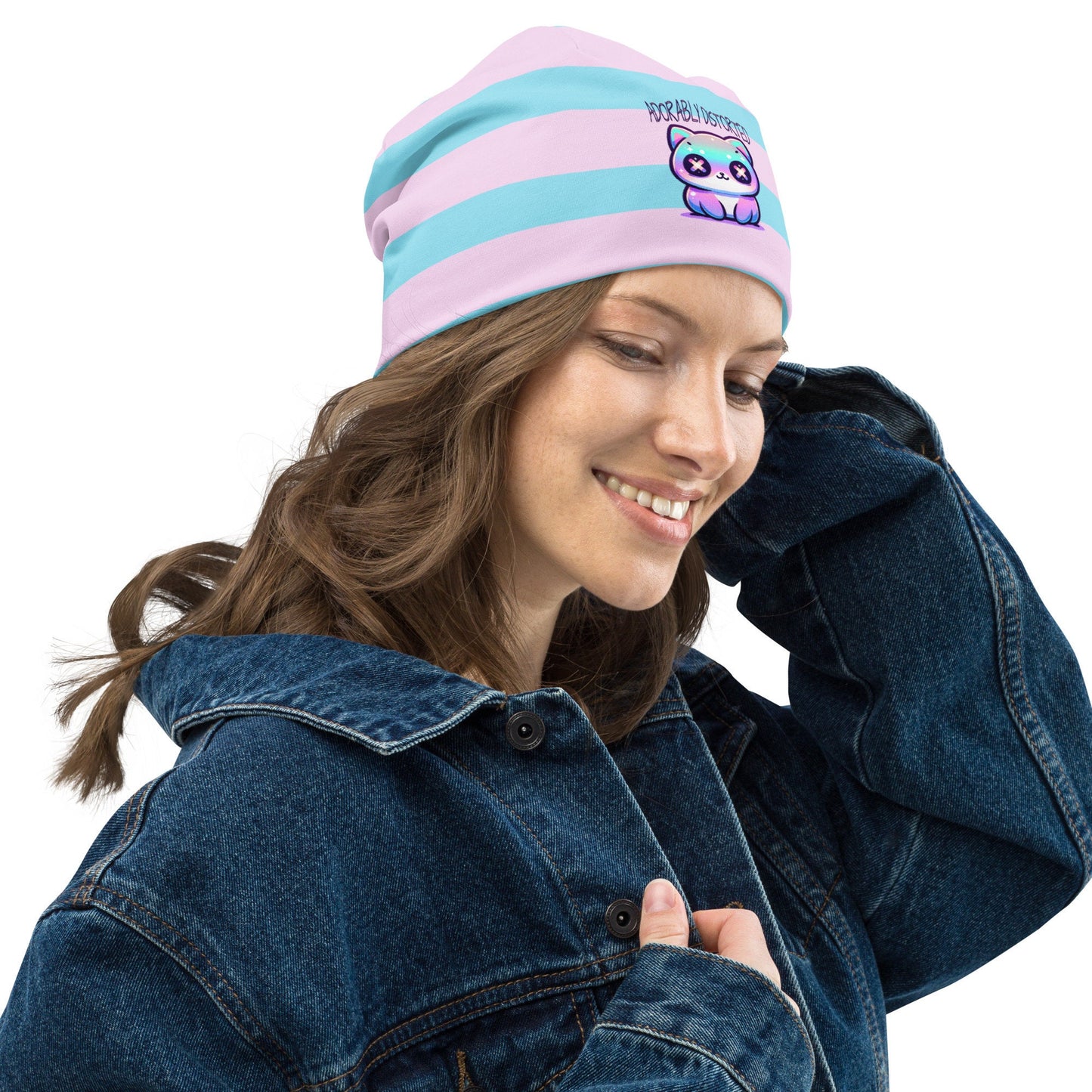 Weirdcore Pastel Goth Grunge Kitty Cat Striped Beanie, Adorably Distorted Oddcore Beanie Hat
