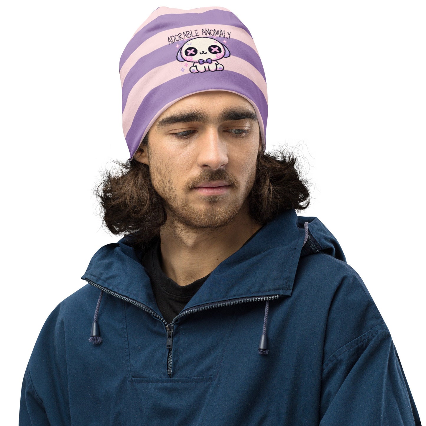 Weirdcore Pastel Goth Grunge Puppy Dog Striped Beanie, Adorable Anomaly Oddcore Beanie Hat