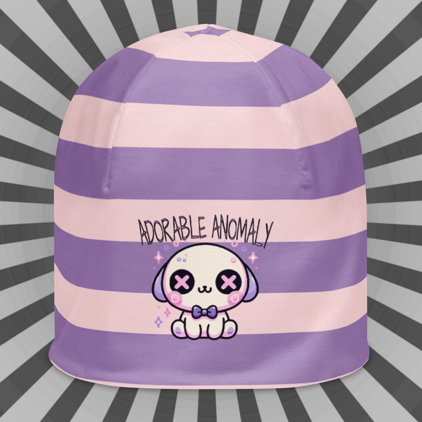 Weirdcore Pastel Goth Grunge Puppy Dog Striped Beanie, Adorable Anomaly Oddcore Beanie Hat