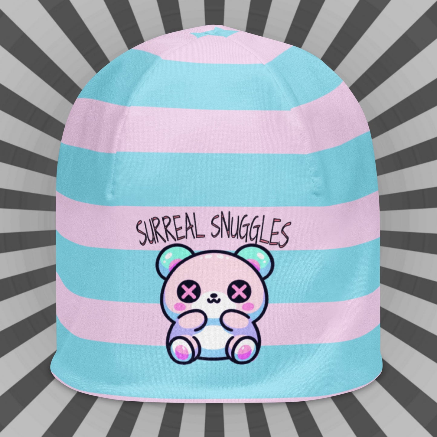 Weirdcore Pastel Goth Grunge Cute Bear Striped Beanie, Surreal Snuggles Oddcore Beanie Hat
