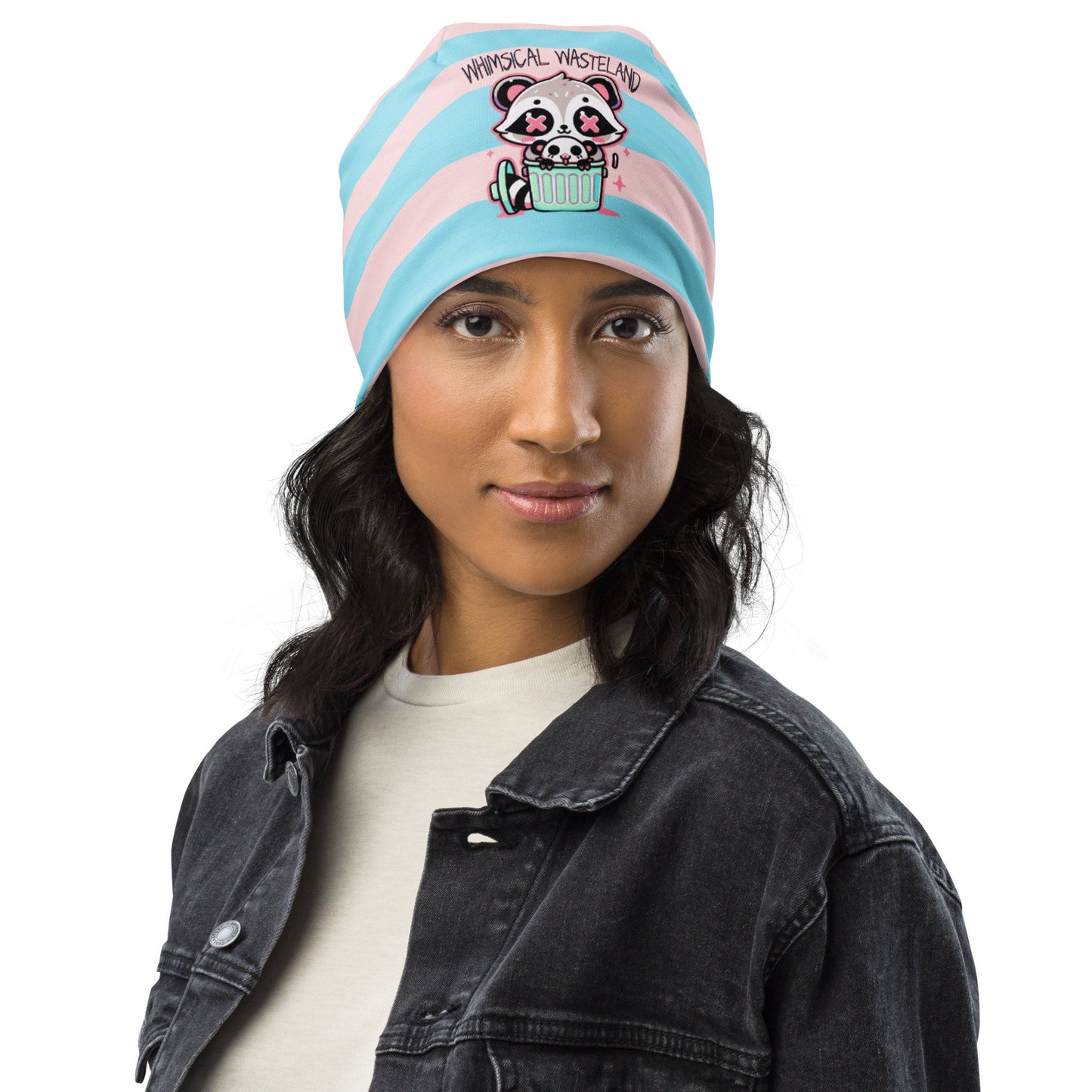 Weirdcore Pastel Goth Grunge Raccoon & Opossum Striped Beanie, Whimsical Wasteland Oddcore Beanie Hat