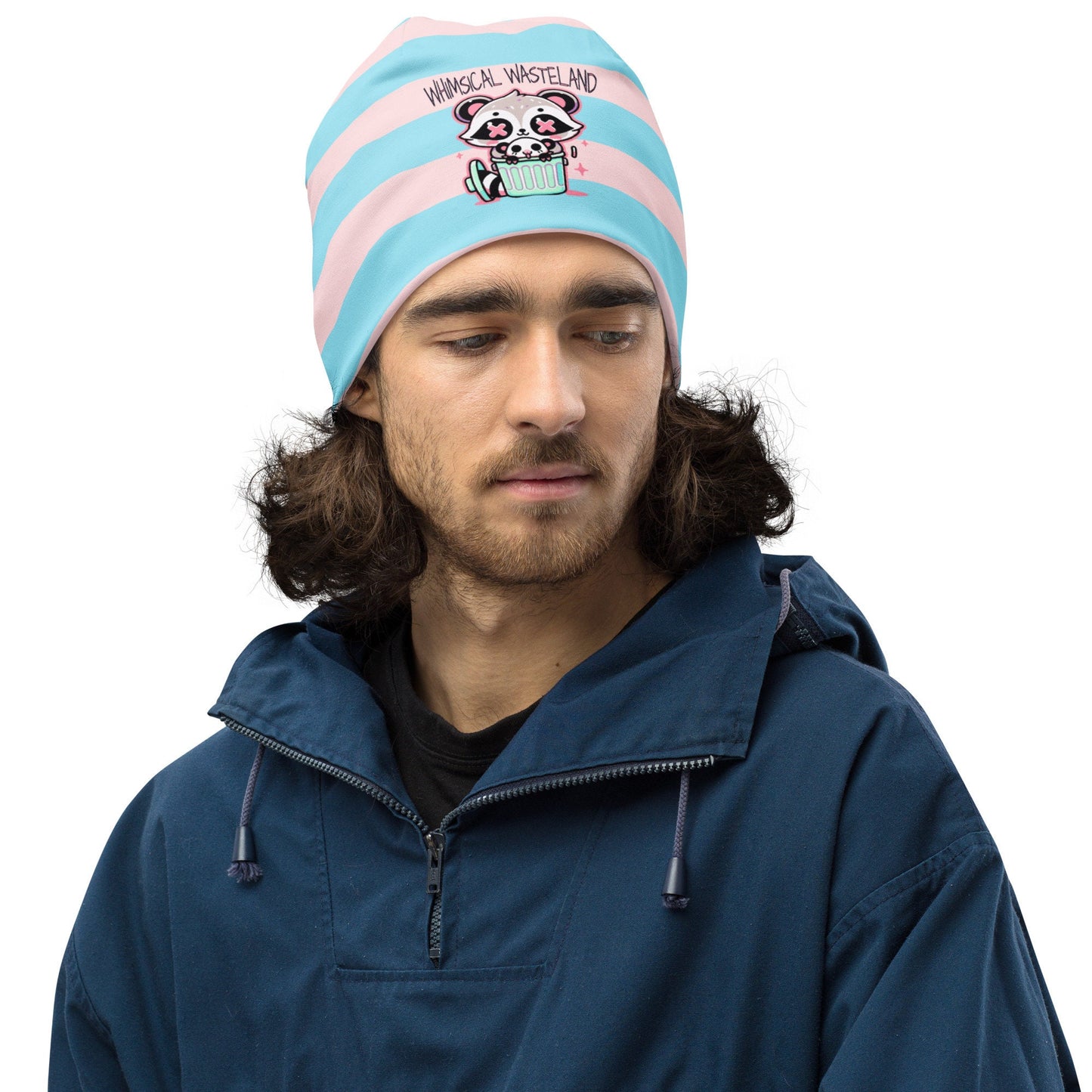 Weirdcore Pastel Goth Grunge Raccoon & Opossum Striped Beanie, Whimsical Wasteland Oddcore Beanie Hat