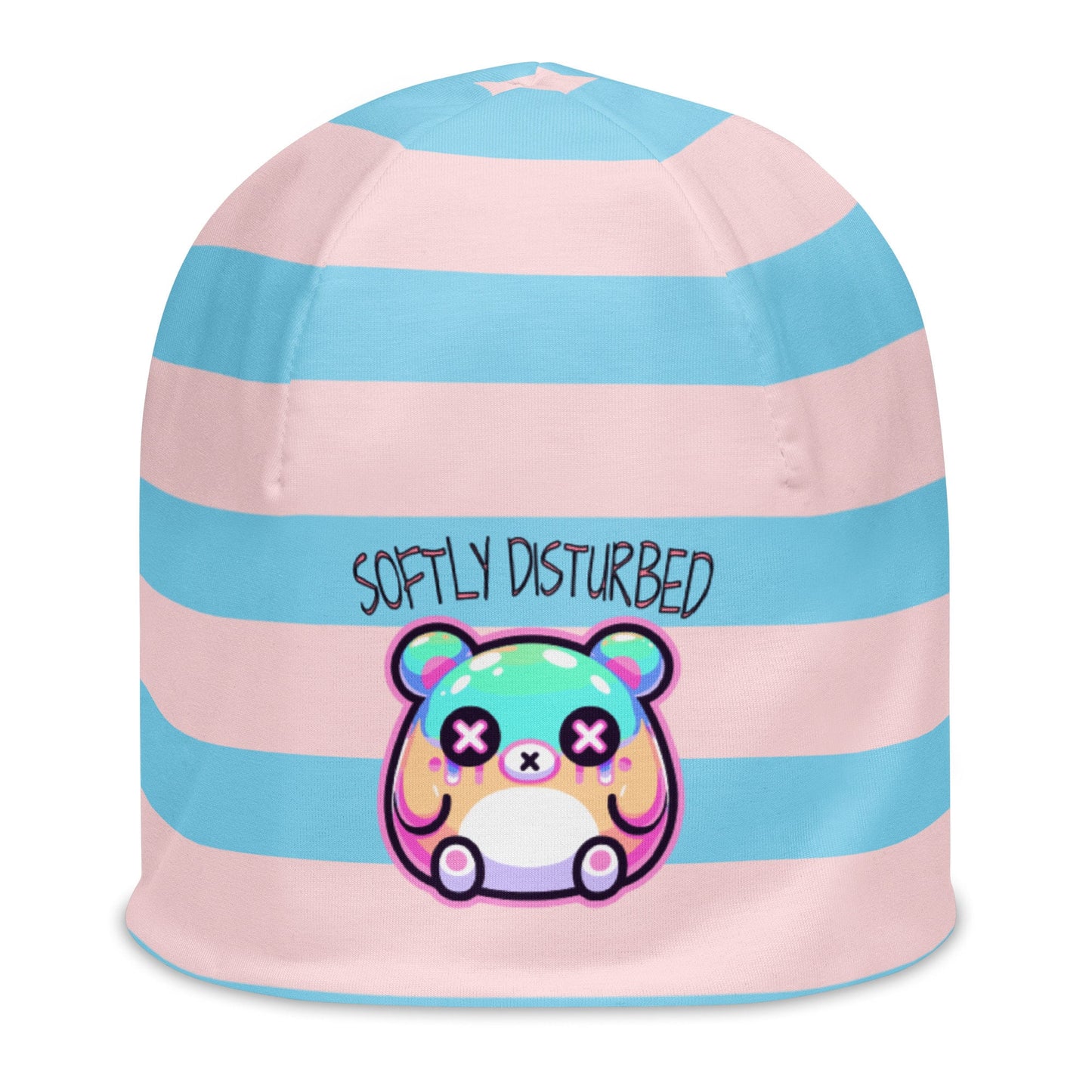 Weirdcore Pastel Goth Grunge Cute Bear Striped Beanie, Softly Disturbed Oddcore Beanie Hat