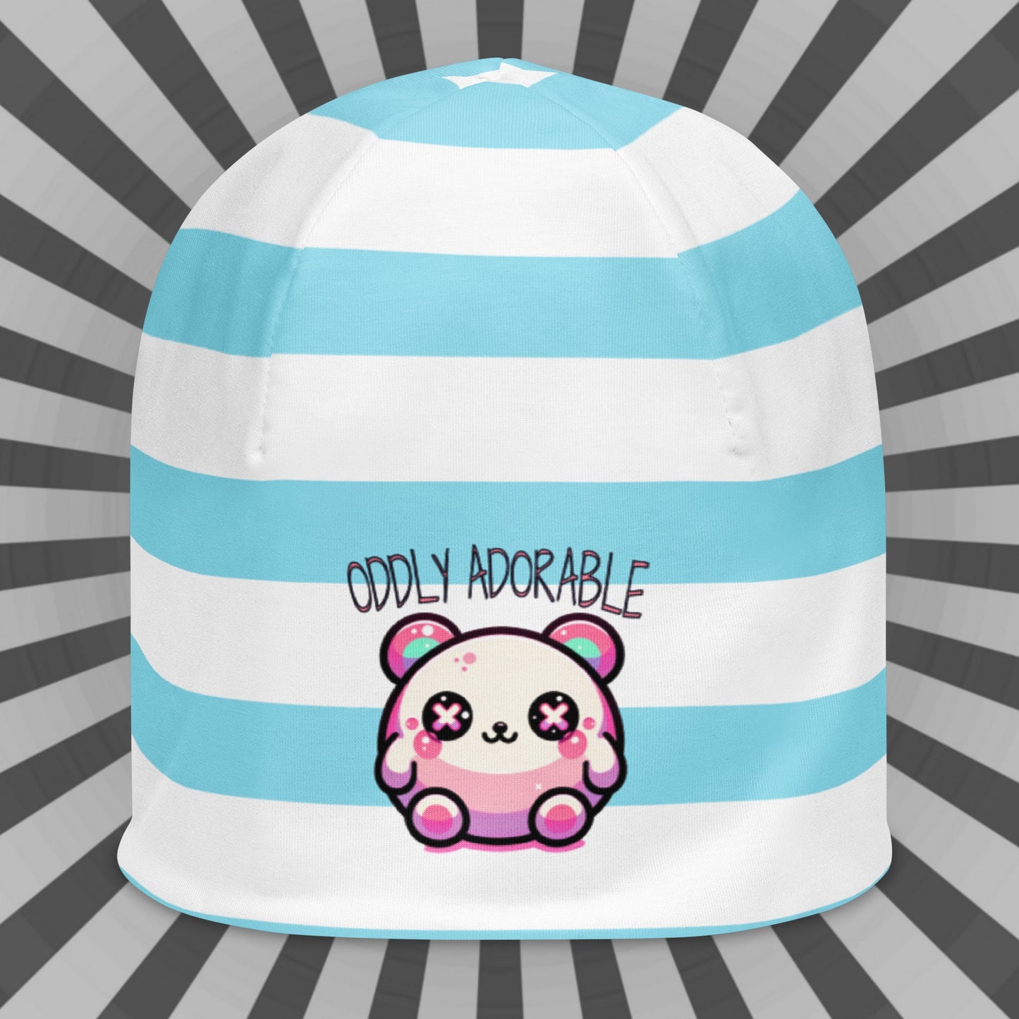 Weirdcore Pastel Goth Grunge Cute Bear Striped Beanie, Oddly Adorable Oddcore Beanie Hat