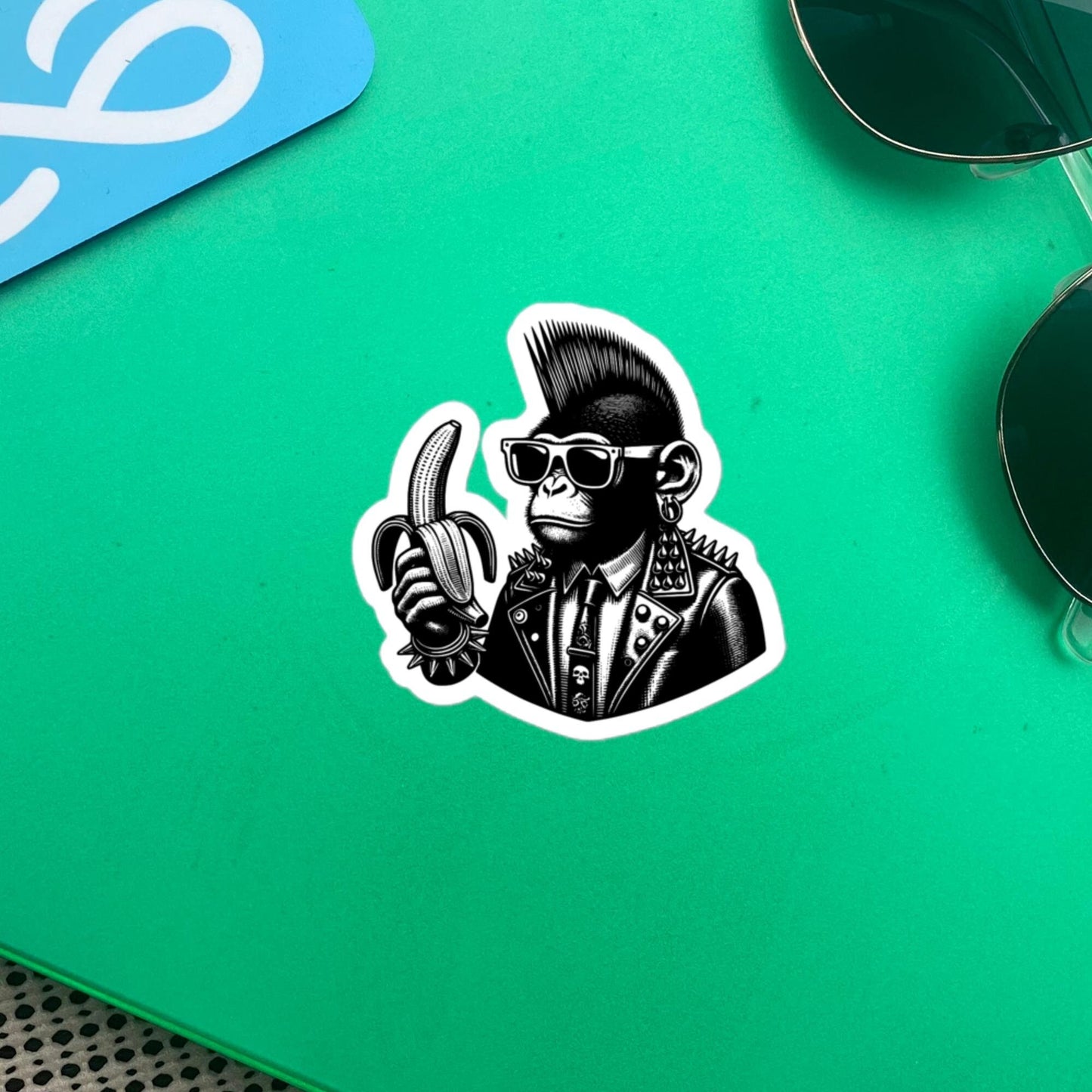 Punk Rock Monkey with Banana Energy Sticker, Weirdcore Cyberpunk Chimp Sticker, Original Design Unique Sticker Weird Stuff Gift